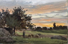 Bergère et son troupeau crépuscule, plaine de Barbizon