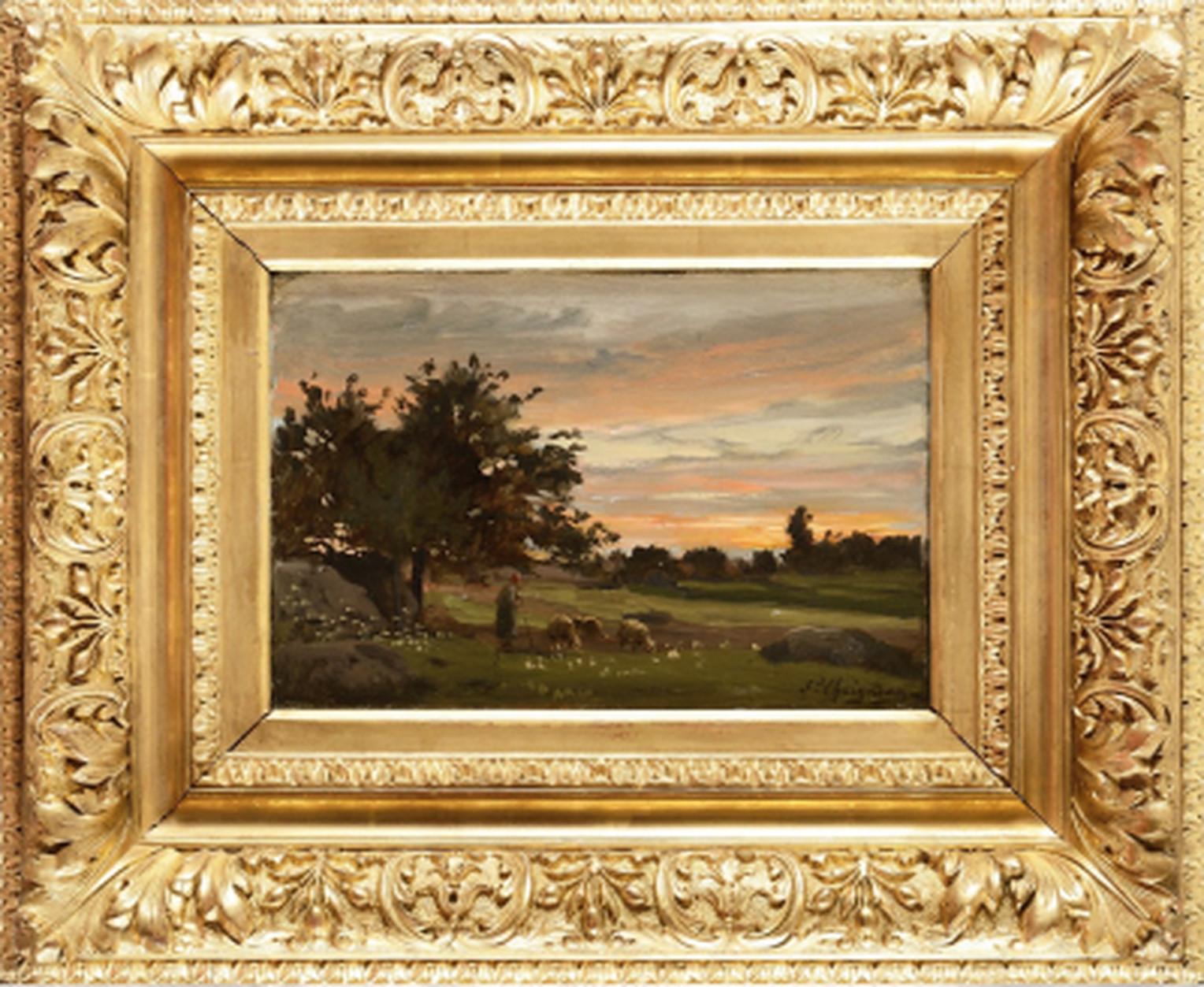Jean Ferdinand CHAIGNEAU Landscape Painting -  Bergère et son troupeau crépuscule, plaine de Barbizon 