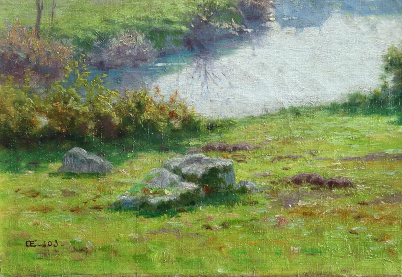 A Summer's Day - Impressionist Oil, Cattle by River in Landscape by J Monchablon - Gray Animal Painting by Jean Ferdinand Monchablon