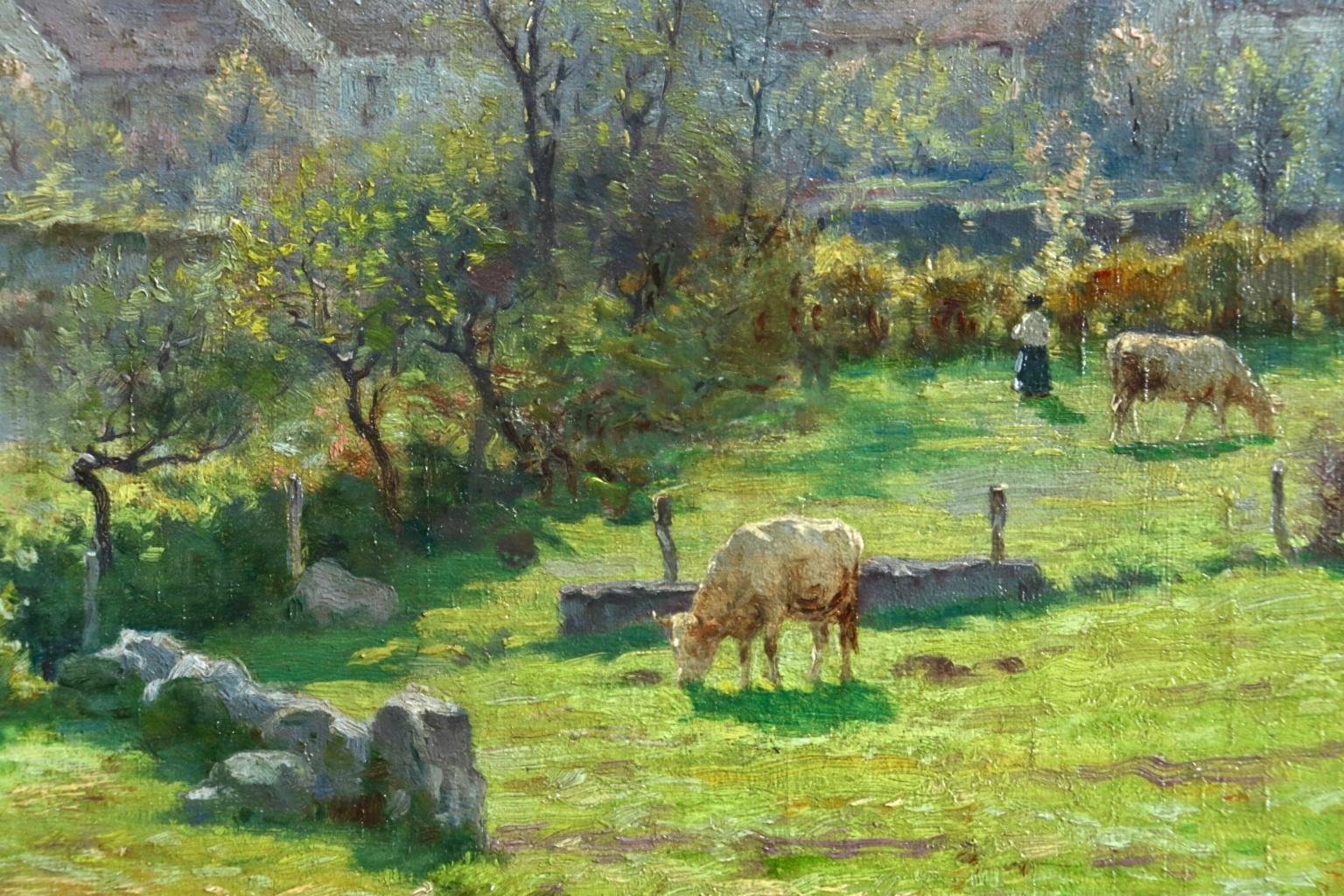 A Summer's Day - Impressionist Oil, Cattle by River in Landscape by J Monchablon 1