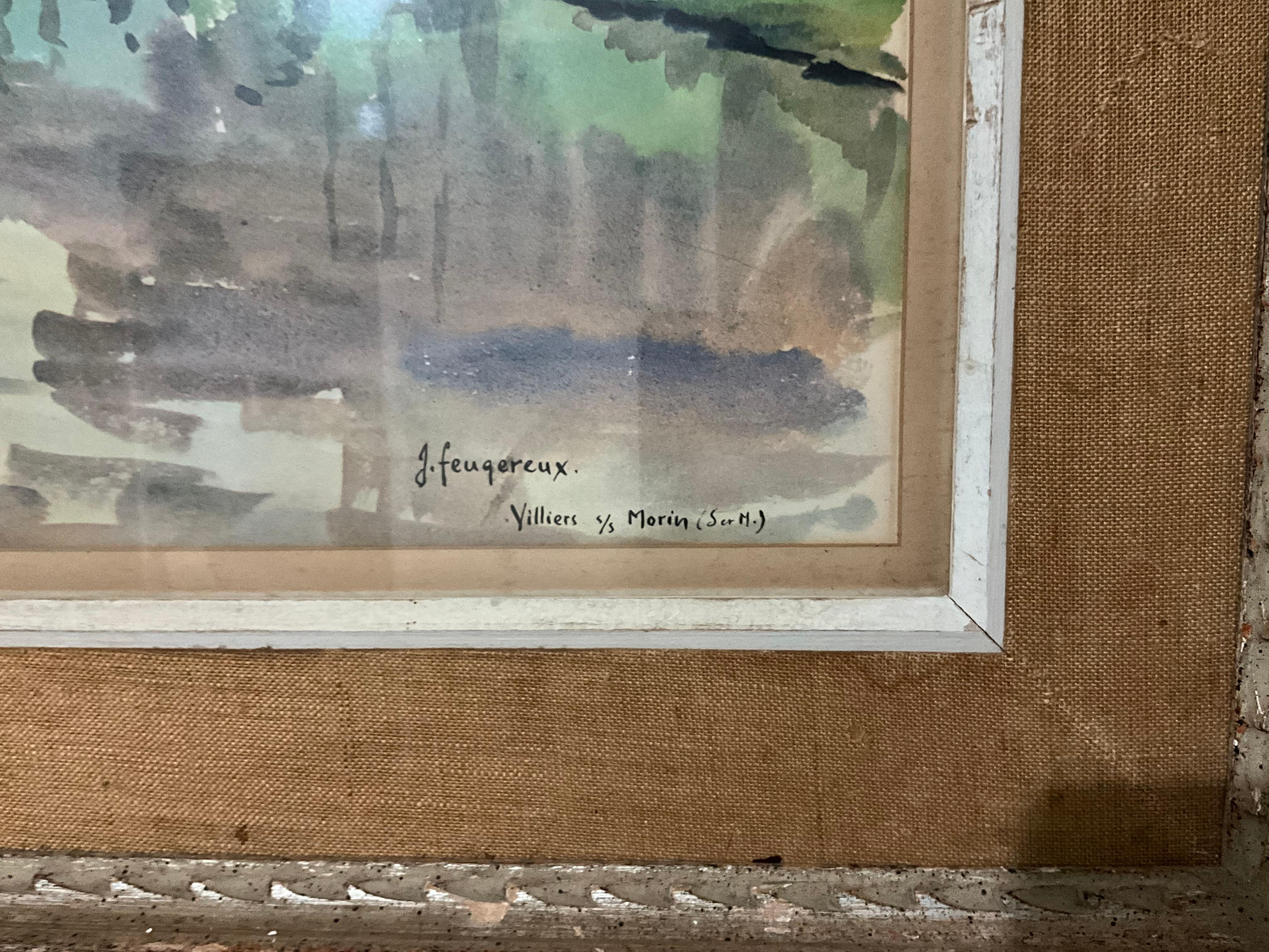 Watercolor on paper framed under glass with original frame.  Frame and matting show staining and wear.  The watercolor itself in in great condition.Jean Feugereux (1923 - 1992) was active/lived in France.  Jean Feugereux is known for Painting and