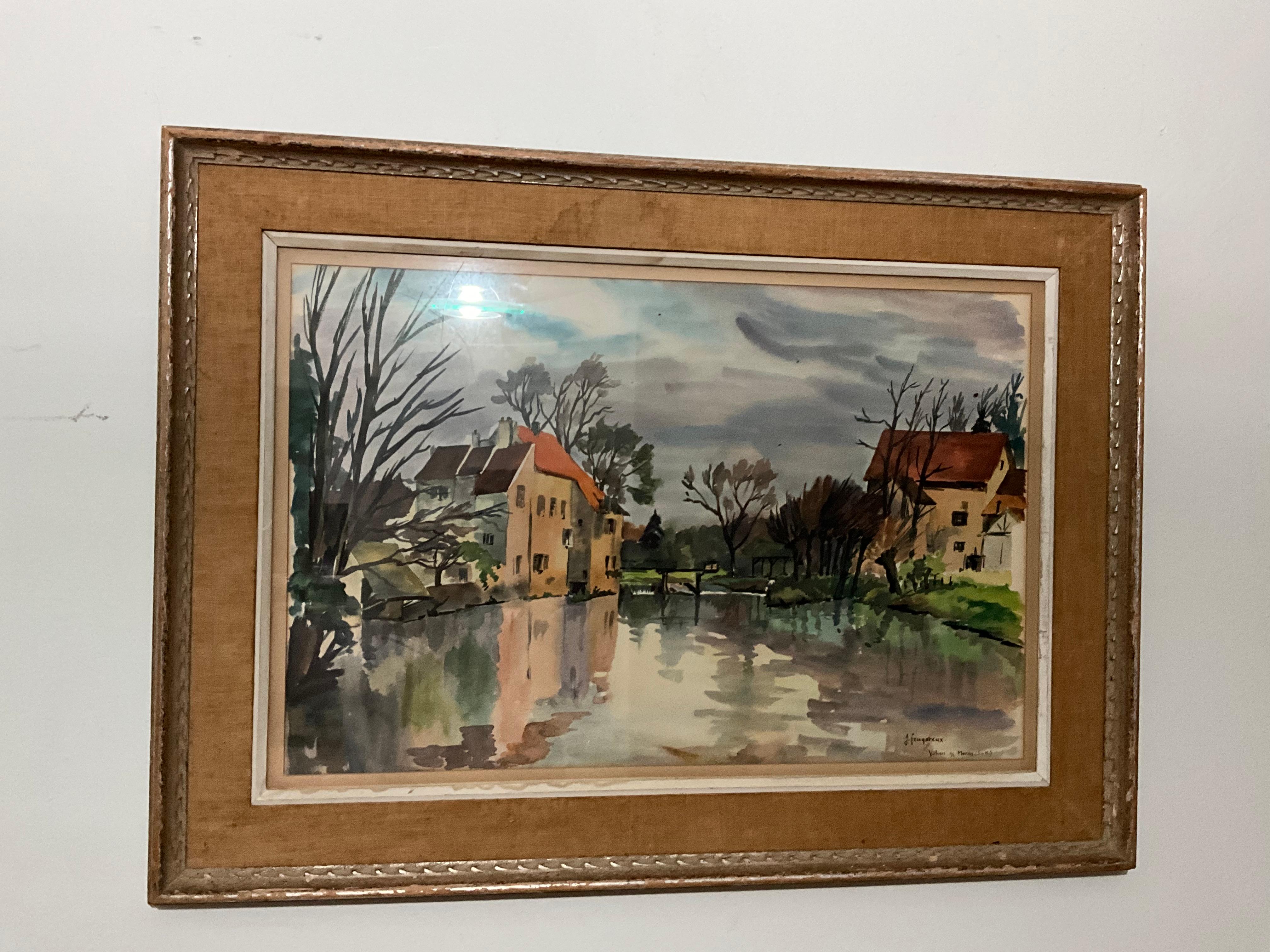 Hand-Painted Jean Feugereux (1923 - 1992) French Countryside Watercolor For Sale