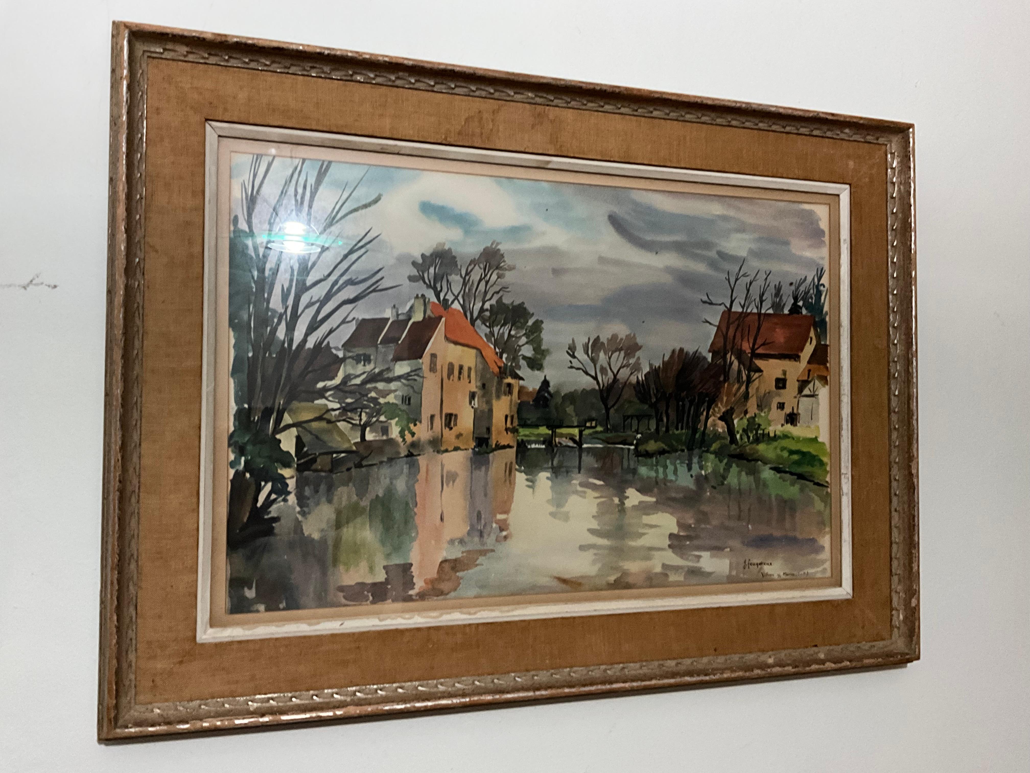 Paint Jean Feugereux (1923 - 1992) French Countryside Watercolor For Sale