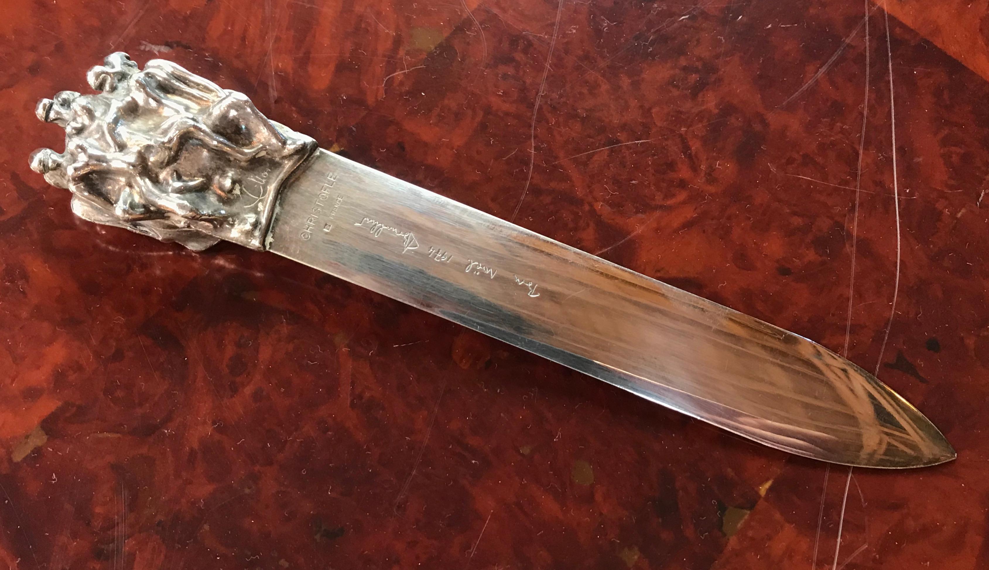 Midcentury silvered erotic letter opener or bookmark with nudes by the French artist Jean Filhos, (1921-2002)
This model was created as the official 1974 Christofle Christmas gift (source: Christofle Museum and Archives service)
Signed 