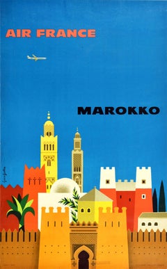 Original Vintage Airline Travel Poster Air France Marokko Morocco North Africa