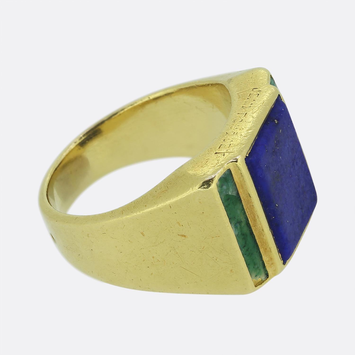 Taille carrée Ensemble chevalière et broche Jean Fouquet en lapis-lazuli et jadéite en vente