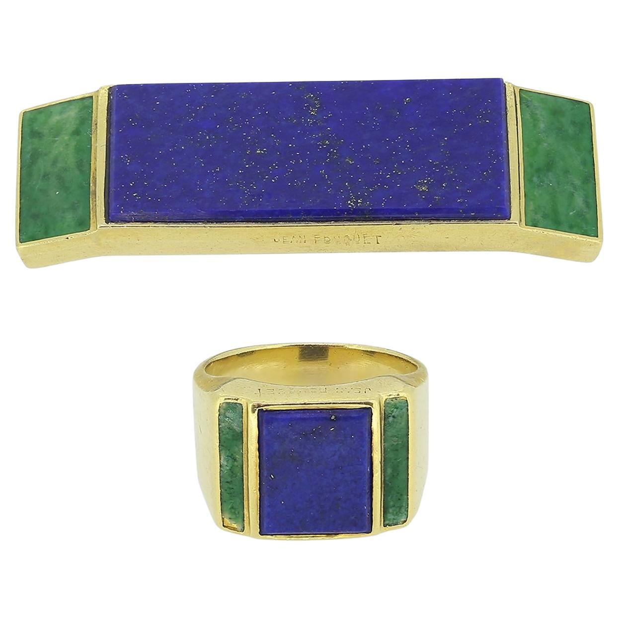 Jean Fouquet Lapis Lazuli and Jadeite Signet Ring and Brooch Set