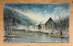 Französisches surrealistisches Ölgemälde des 20. Jahrhunderts Häuschen in verschneiter Winterlandschaft