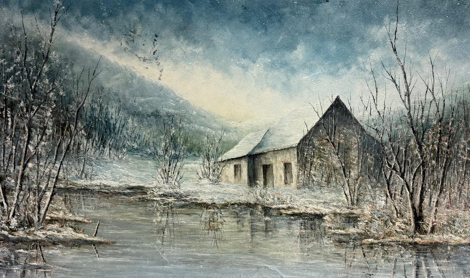 20th Century French Surrealist Oil Painting Cottage in Snowy Winter Landscape