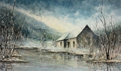 20th Century French Surrealist Oil Painting Cottage in Snowy Winter Landscape