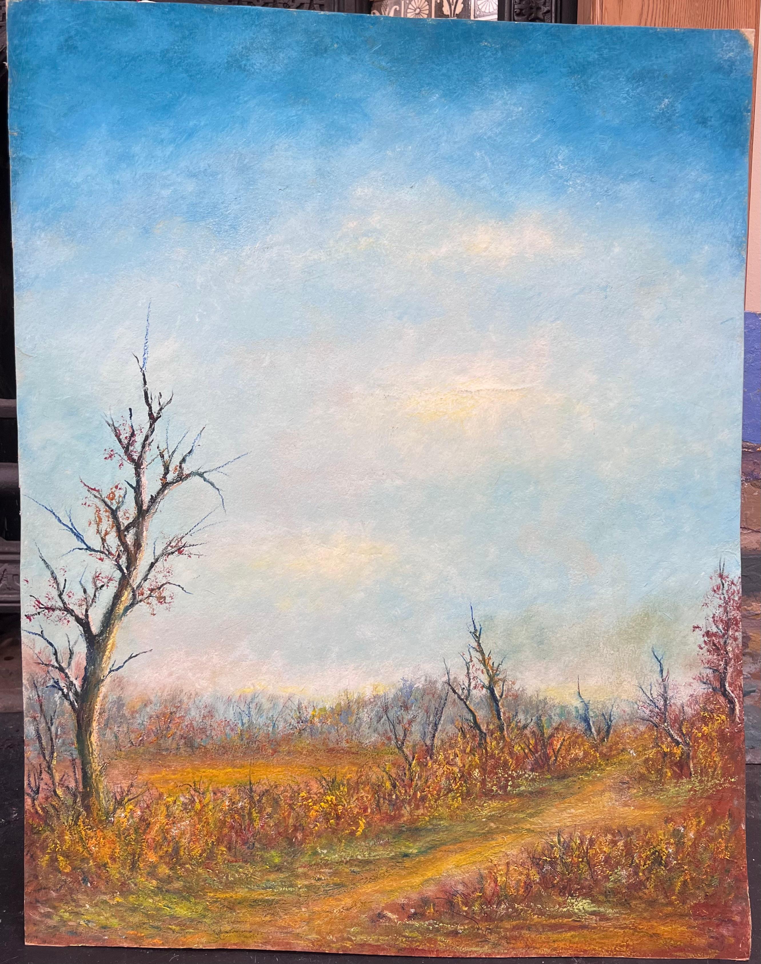 Autumnal Country Track With Bright Blue Cloudy Skies Oil Landscape Painting im Angebot 1