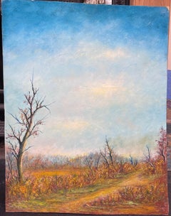 Autumnal Country Track With Bright Blue Cloudy Skies Oil Landscape Painting