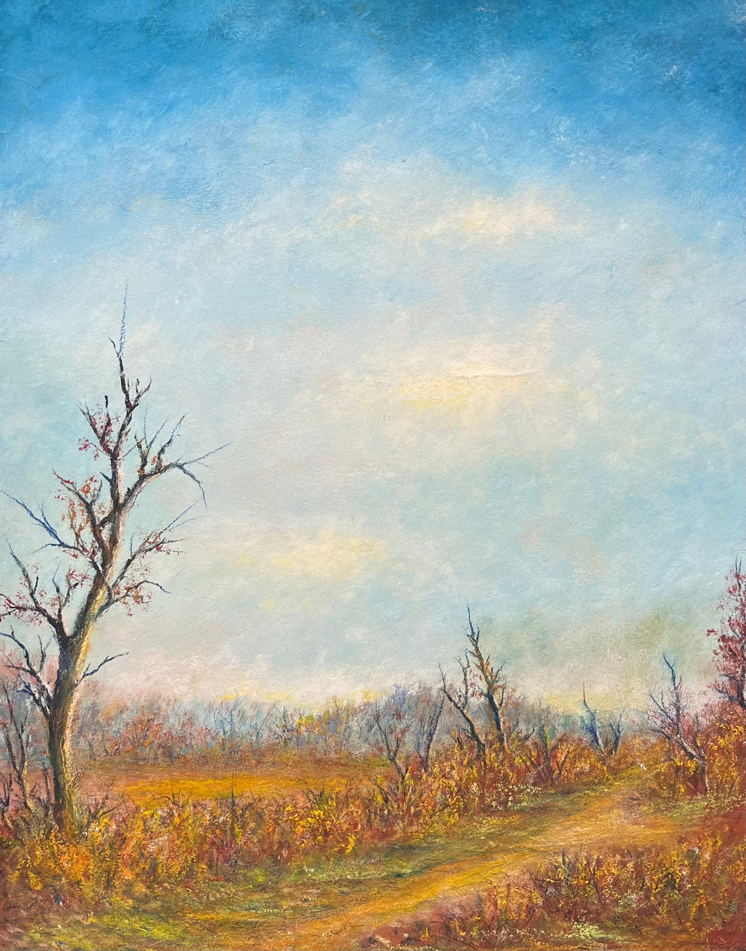 Chemin de campagne automnal avec ciel nuageux bleu vif Peinture de paysage à l'huile