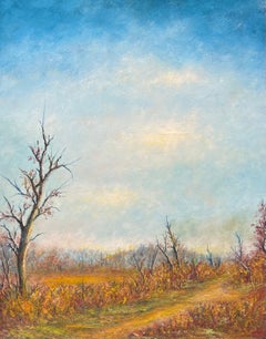 Autumnal Country Track With Bright Blue Cloudy Skies Oil Landscape Painting