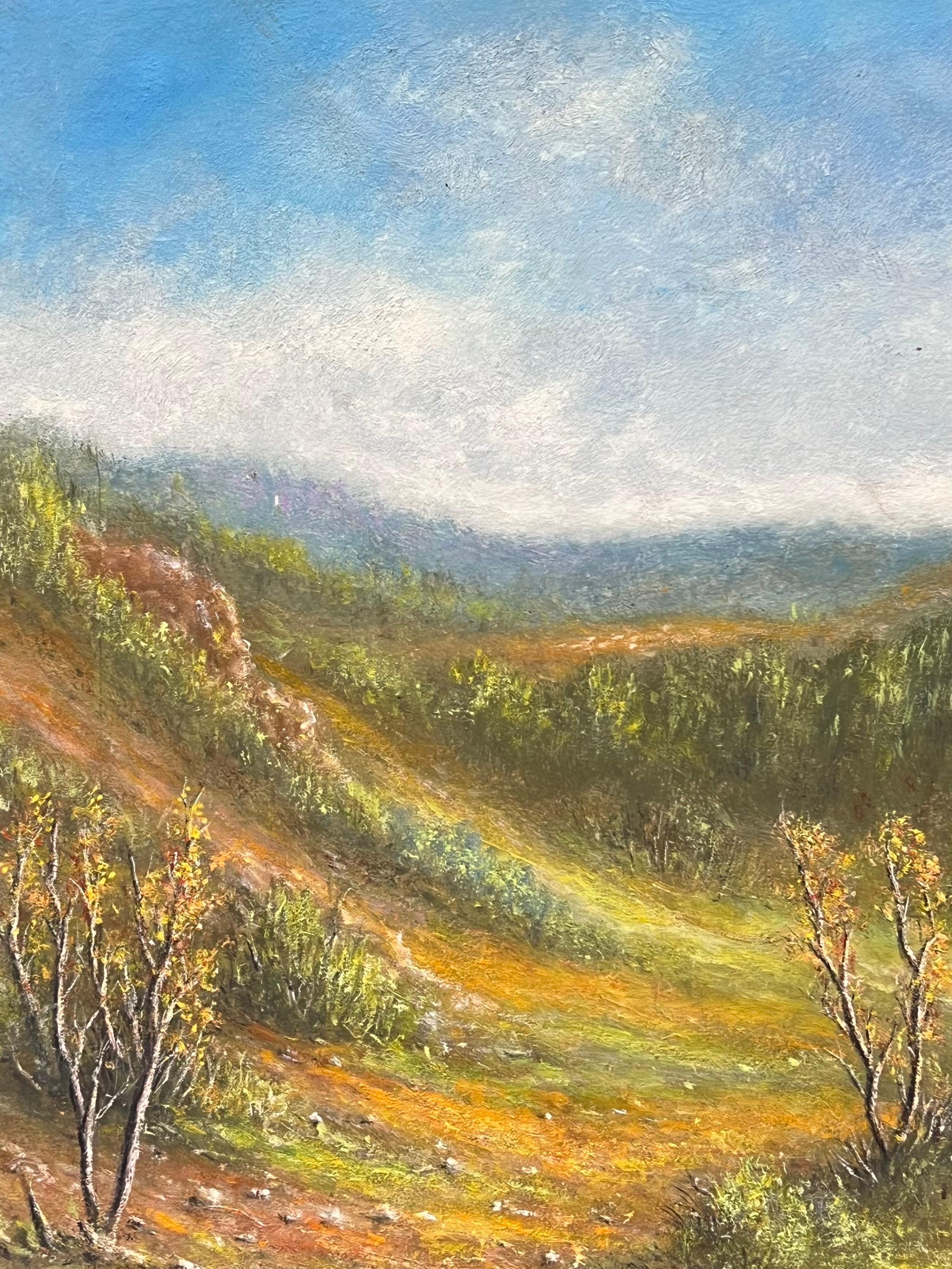 Peinture à l'huile d'un paysage automnal vert et orange de la vallée de la Riverside - École française Painting par Jean Fourie