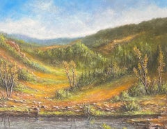Herbstliches Grün und Orange Riverside Valley Ölgemälde Landschaft