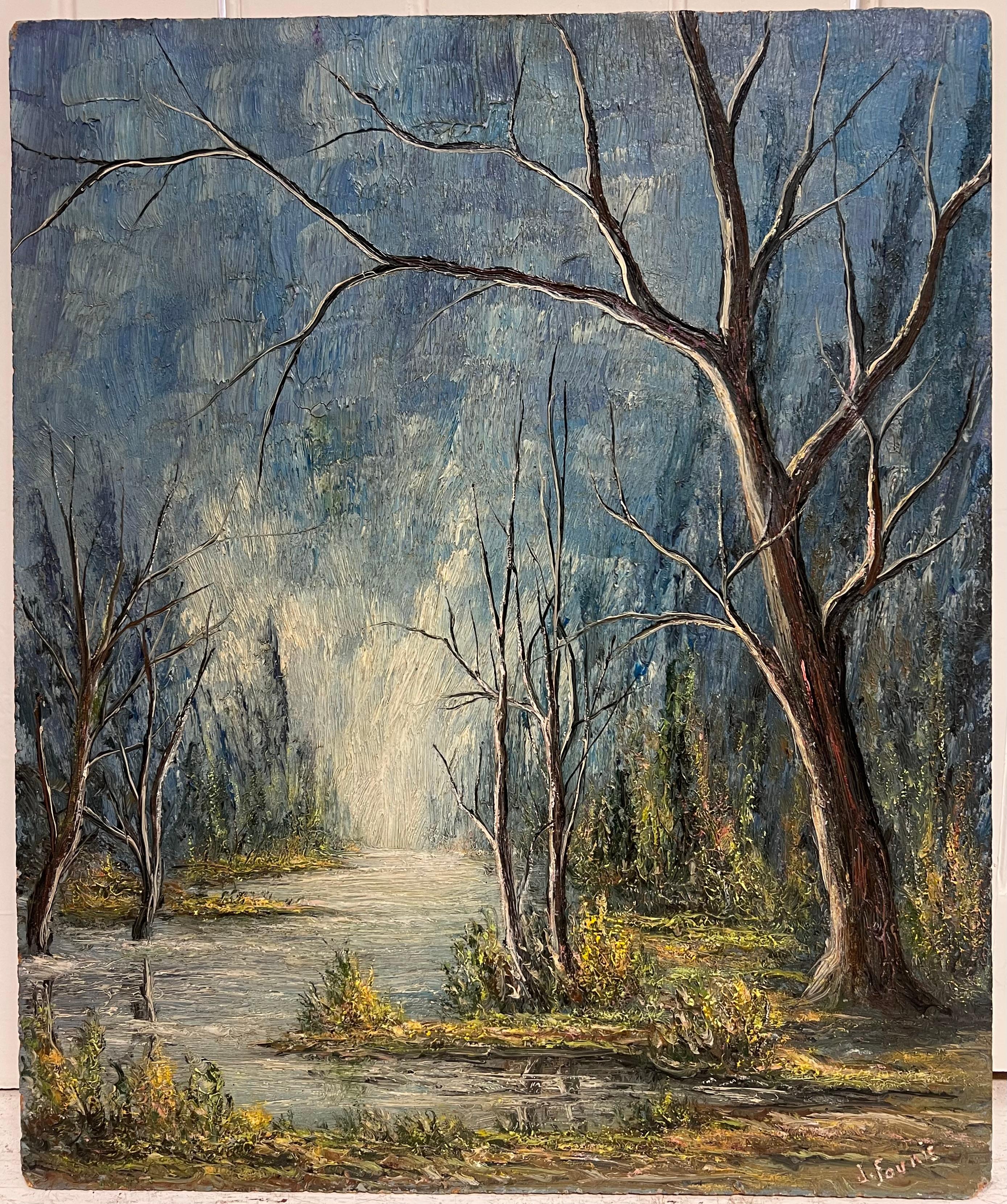Kahle Bäume entlang eines Flusslaufs im Winterlicht Ölgemälde Landschaft (Französische Schule), Painting, von Jean Fourie