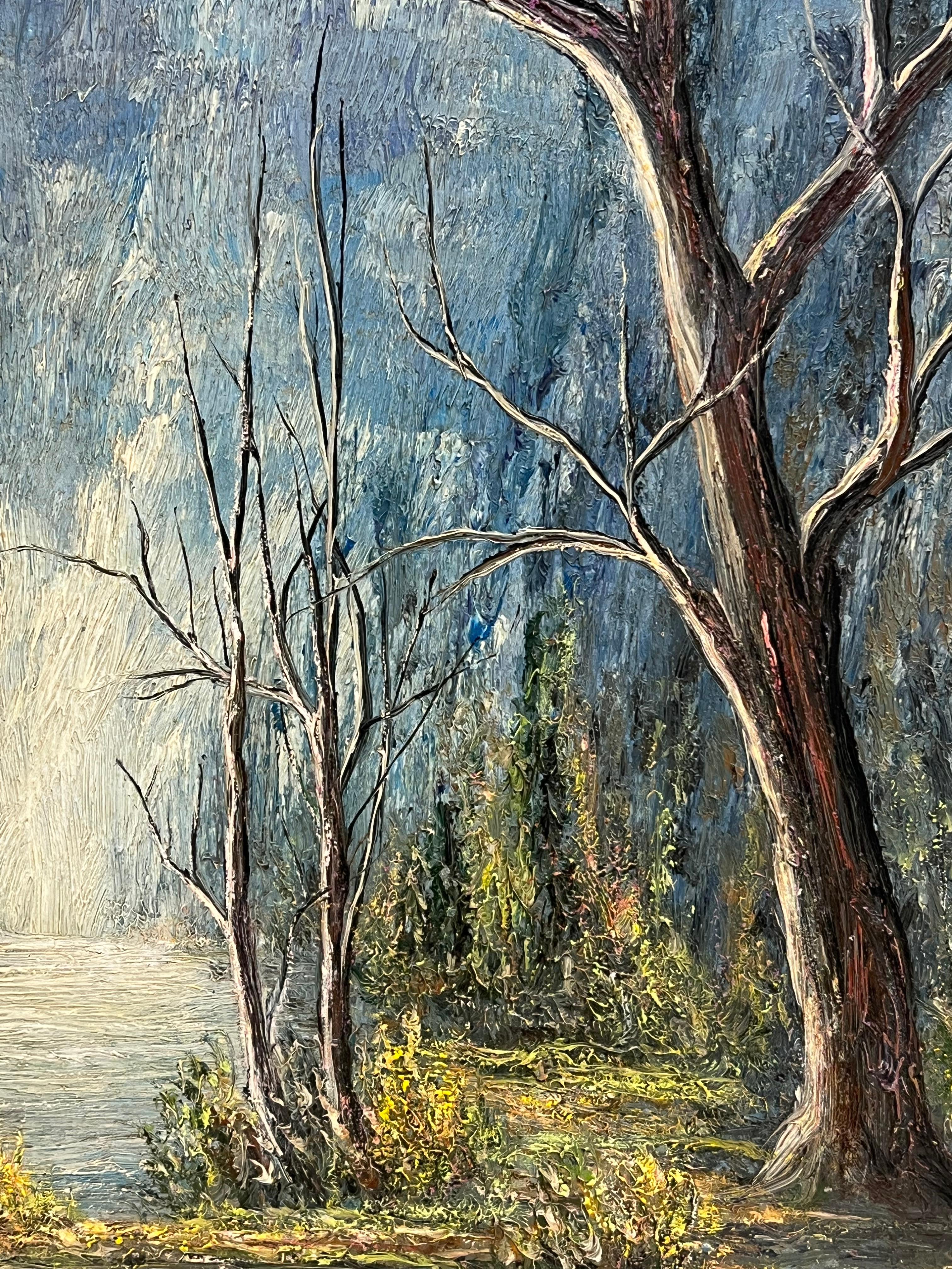 Blauer Himmel Riverbend
unterzeichnet von Jean Fourie (1927-2015)
Französischer Künstler, der in der Champagne malt
Ölgemälde auf Karton, ungerahmt
Pappe: 19,5 x 16 Zoll
Zustand: die vier Ecken des Kartons sind leicht angeknabbert, das Gemälde ist