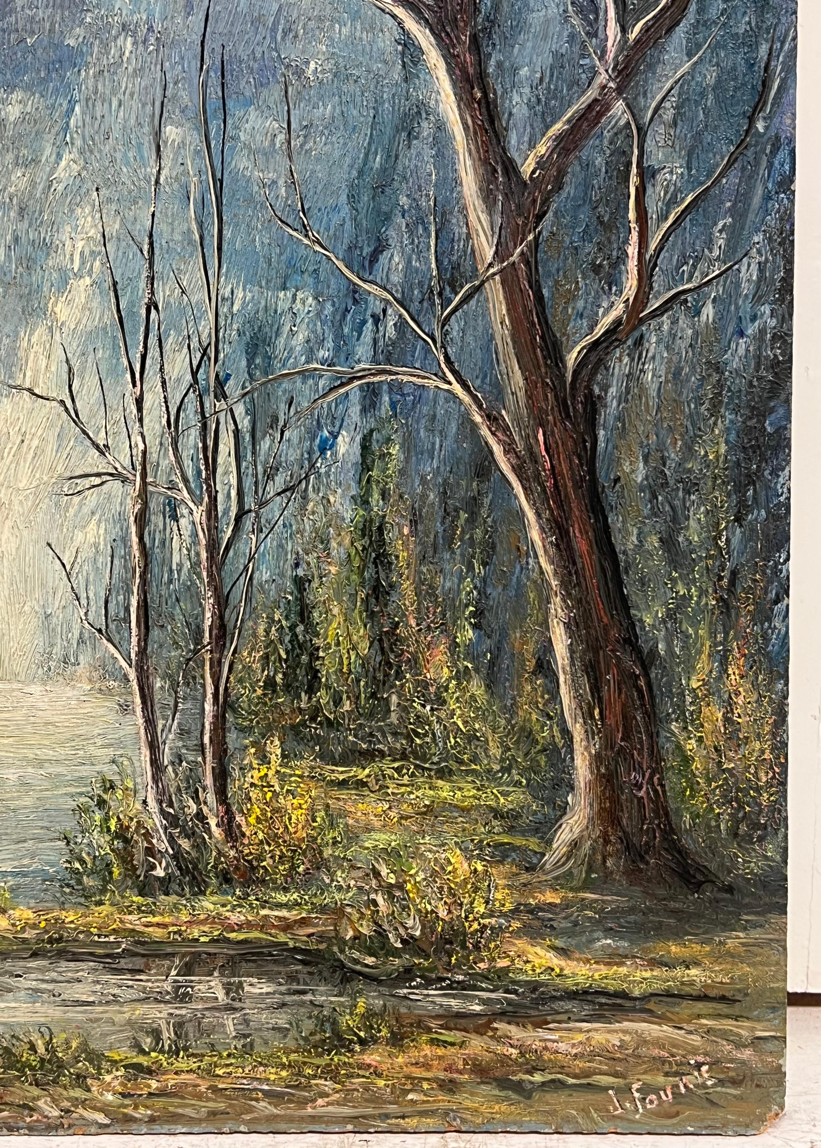Kahle Bäume entlang eines Flusslaufs im Winterlicht Ölgemälde Landschaft im Angebot 2