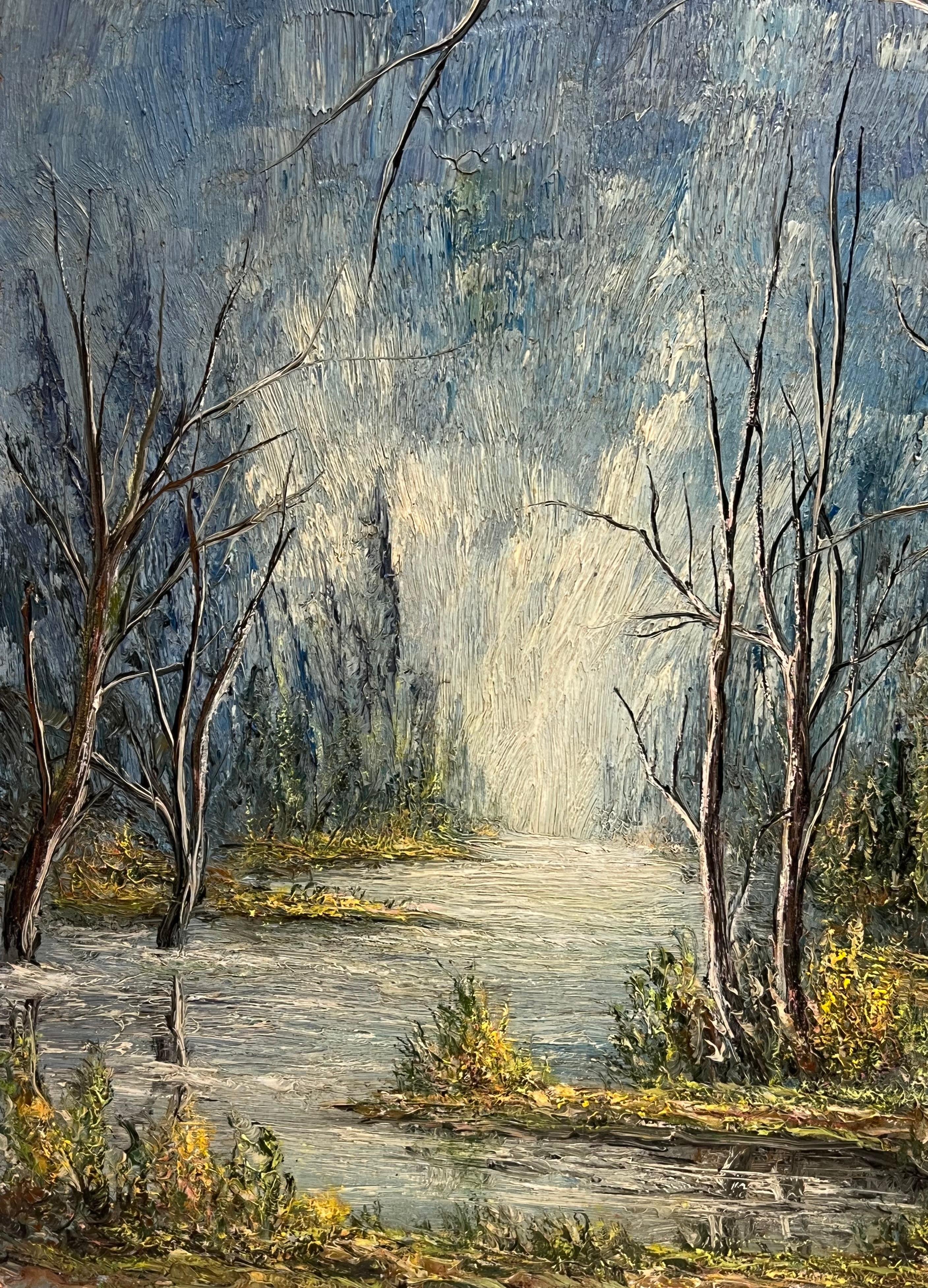 Kahle Bäume entlang eines Flusslaufs im Winterlicht Ölgemälde Landschaft im Angebot 3