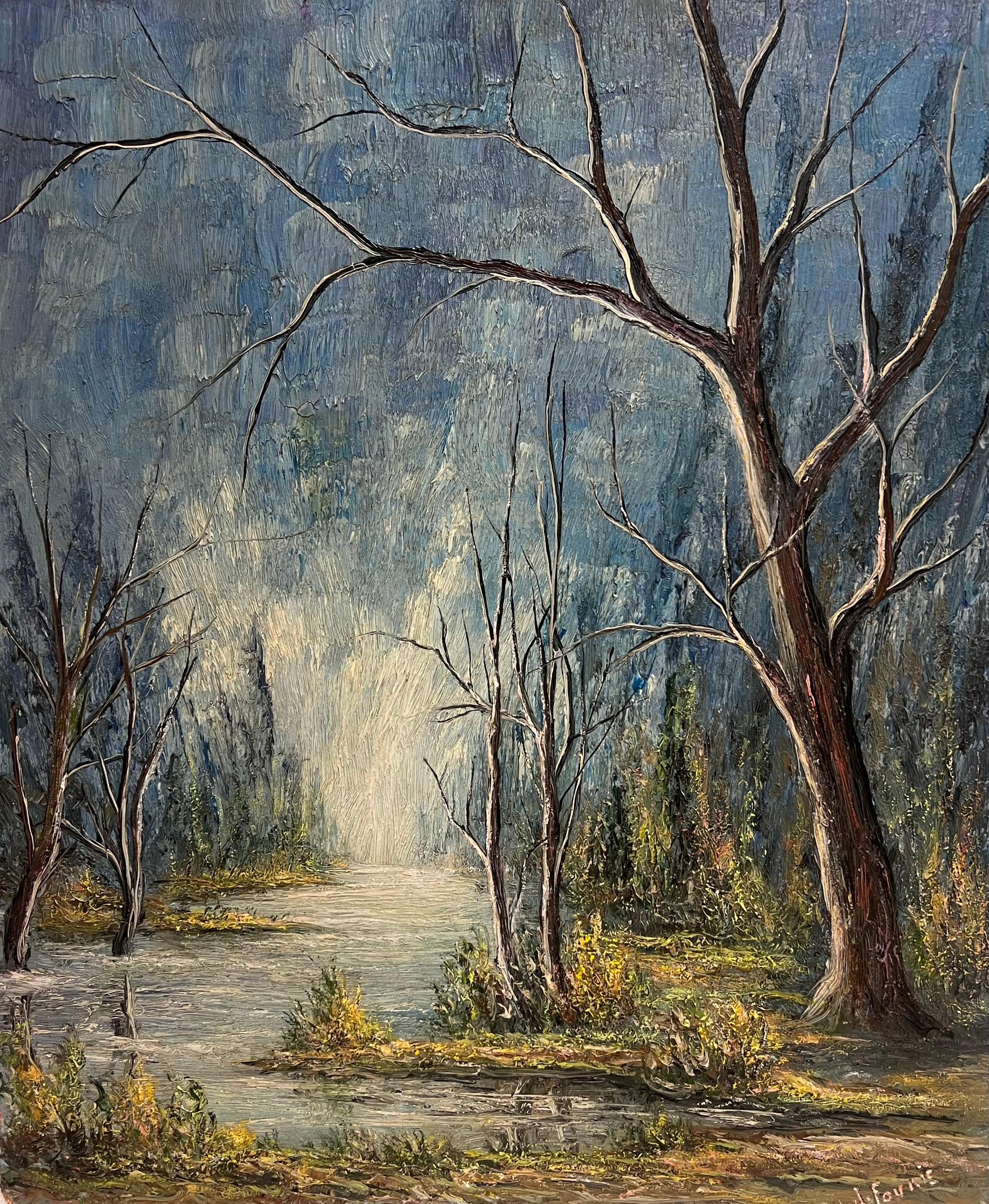 Kahle Bäume entlang eines Flusslaufs im Winterlicht Ölgemälde Landschaft
