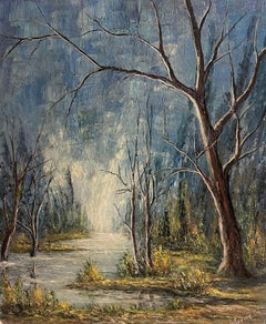 Arbres dénudés au bord d'une rivière dans la lumière d'A Winter Peinture de paysage à l'huile