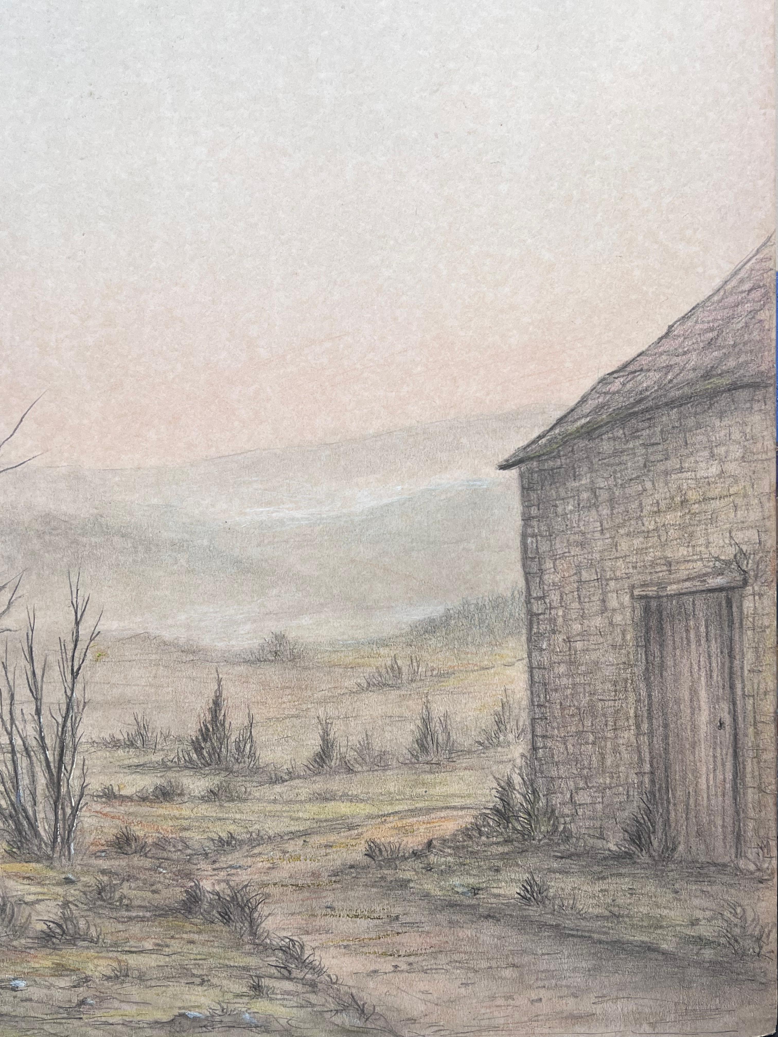 Bare Winter Farmyard Track with Stone Cottage Landscape Painting For Sale 1