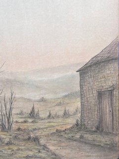 Bare Winter Farmyard Track with Stone Cottage Landscape Painting