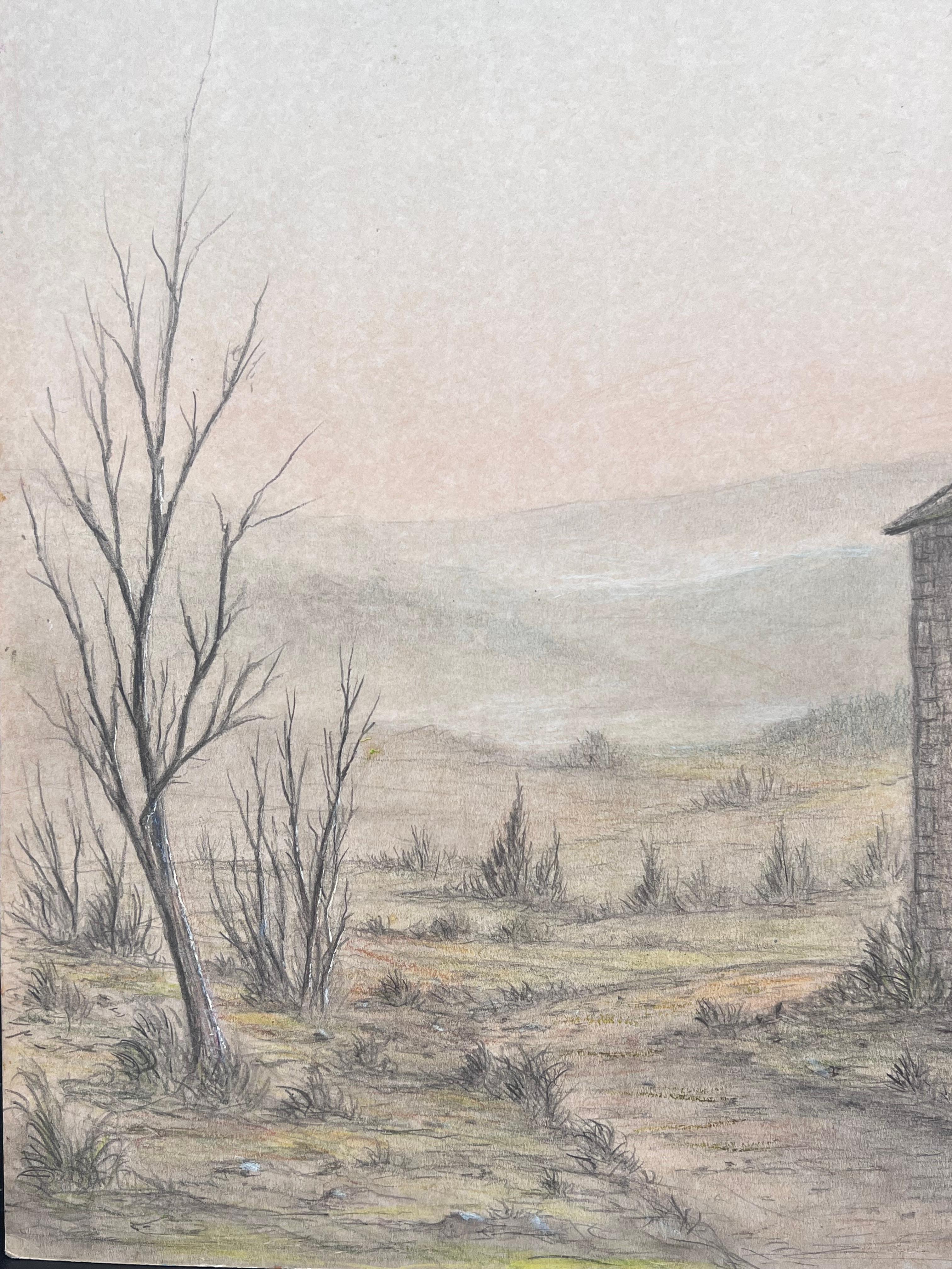 Bare Winter Farmyard Track with Stone Cottage Landscape Painting For Sale 2