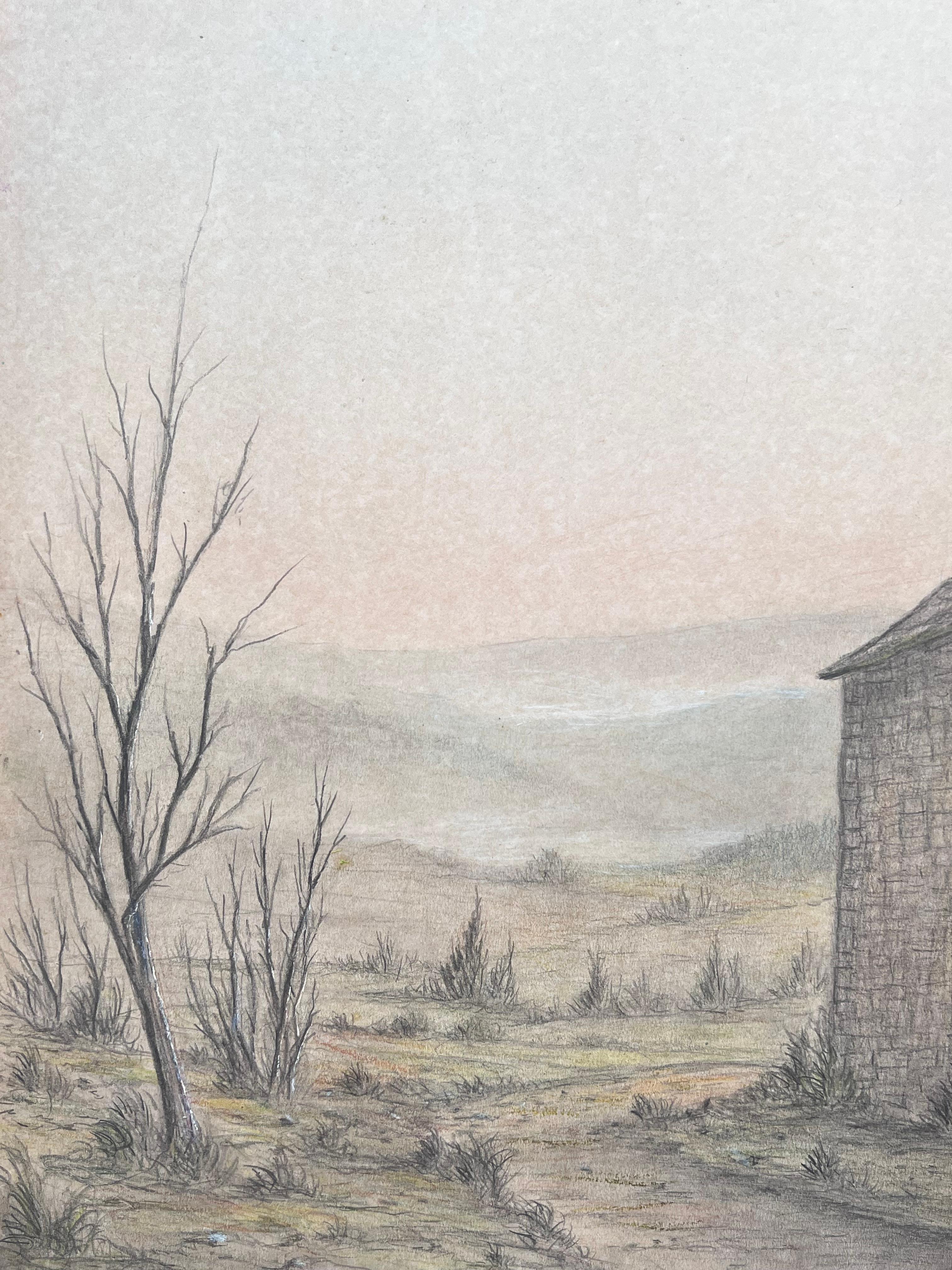 Bare Winter Farmyard Track with Stone Cottage Landscape Painting For Sale 3