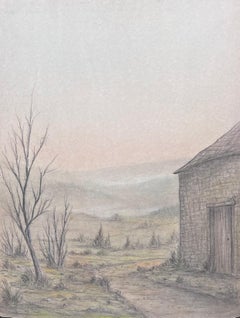 Bare Winter Farmyard Track with Stone Cottage Landscape Painting
