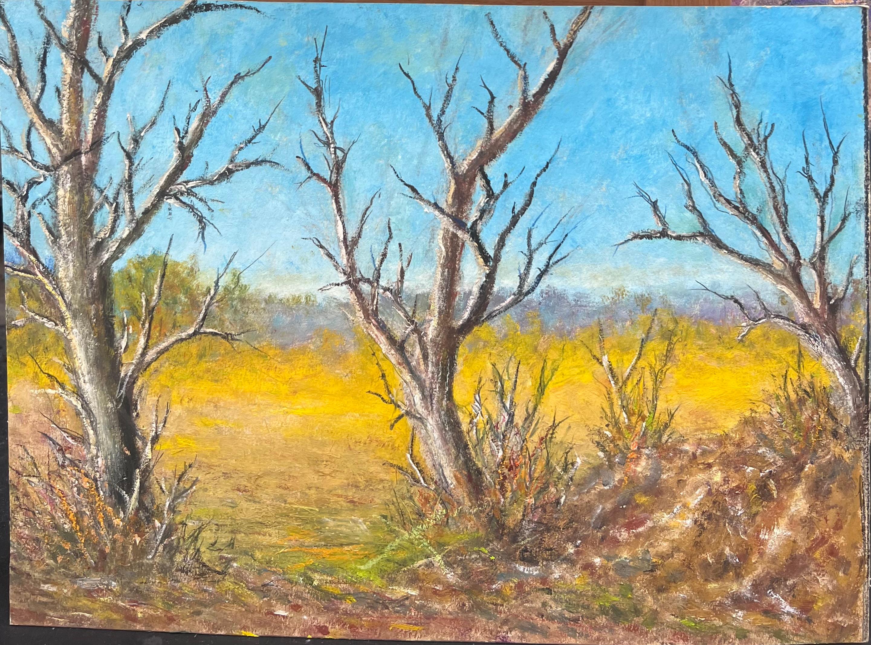 A. Winter Alberi spogli in campo d'oro Cielo blu Paesaggio pittura ad olio - Painting di Jean Fourie