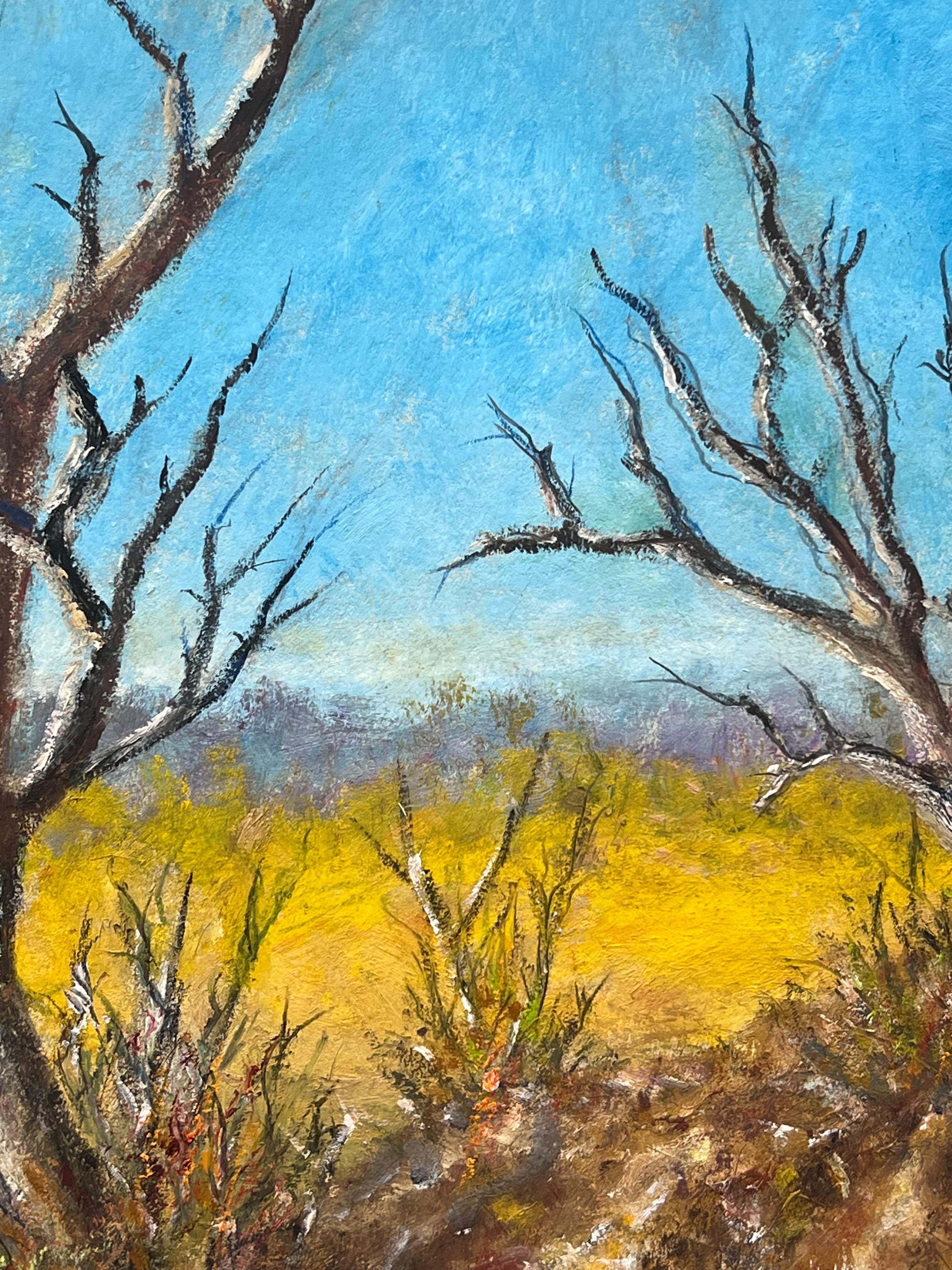 A. Winter Alberi spogli in campo d'oro Cielo blu Paesaggio pittura ad olio in vendita 1