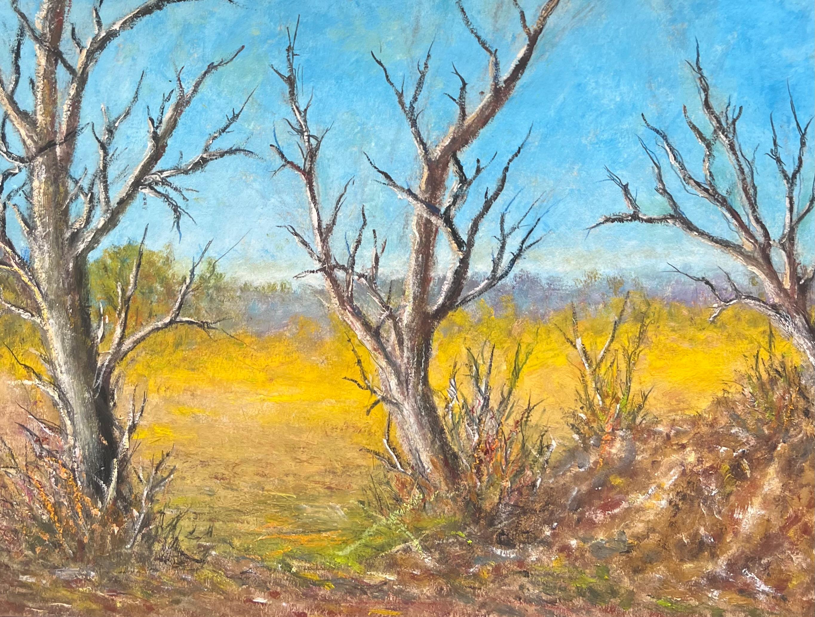 Kahle Winterbäume in goldenem Feld blauer Himmel Landschaft Ölgemälde