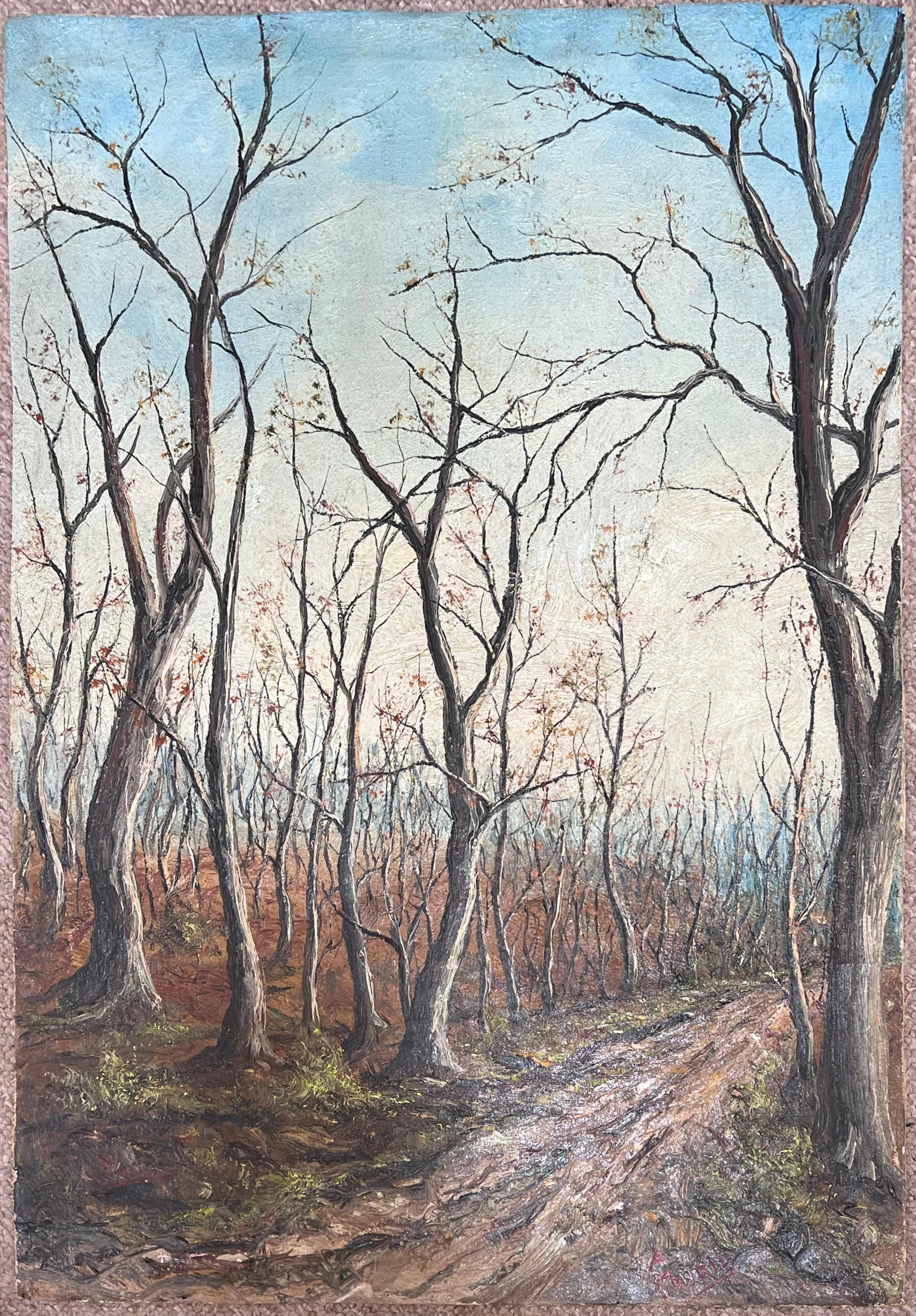 Arbres nus en hiver dans la boue d'une piste forestière Peinture à l'huile de paysage - Painting de Jean Fourie