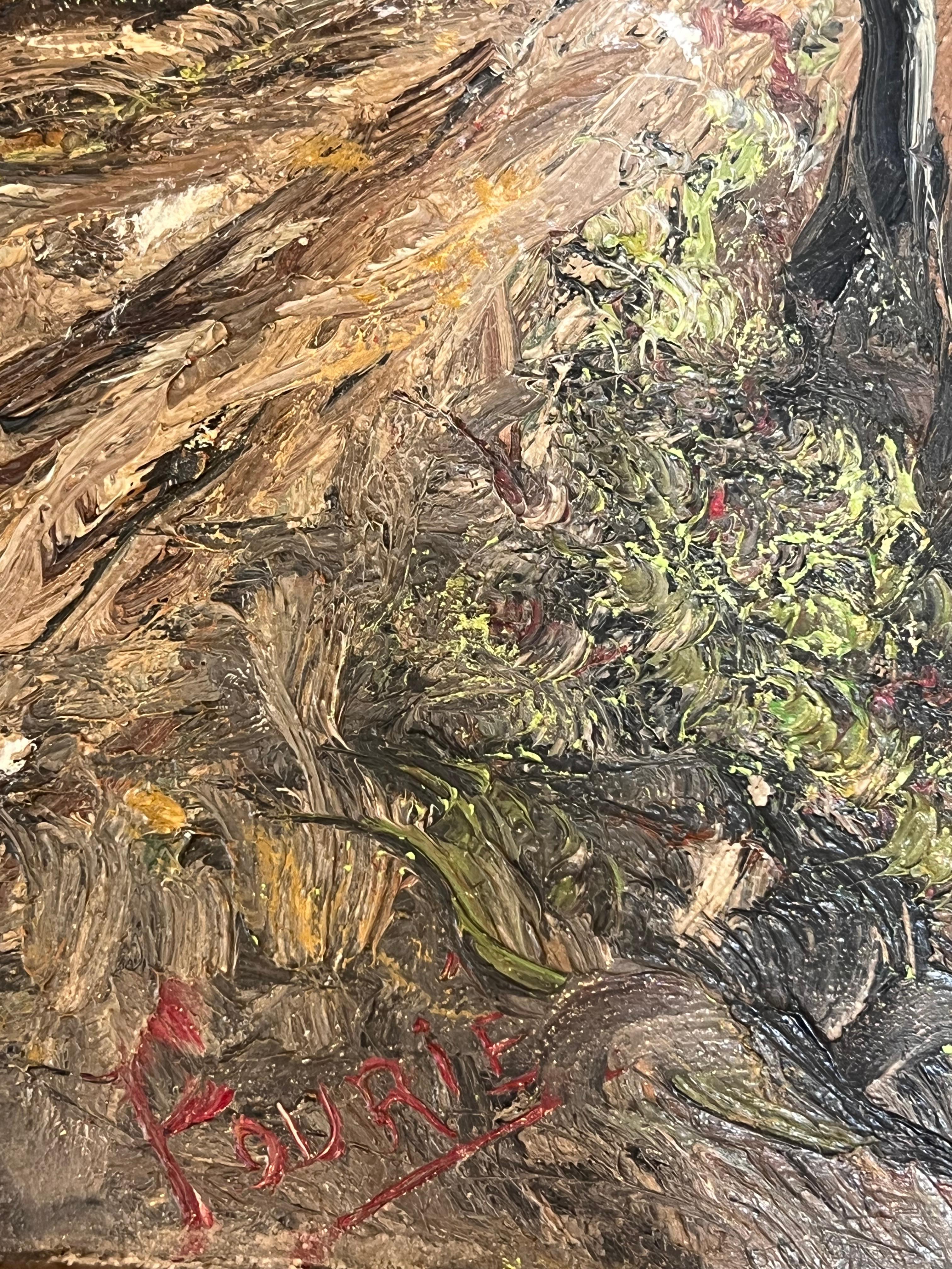 Arbres nus en hiver dans la boue d'une piste forestière Peinture à l'huile de paysage - Gris Landscape Painting par Jean Fourie