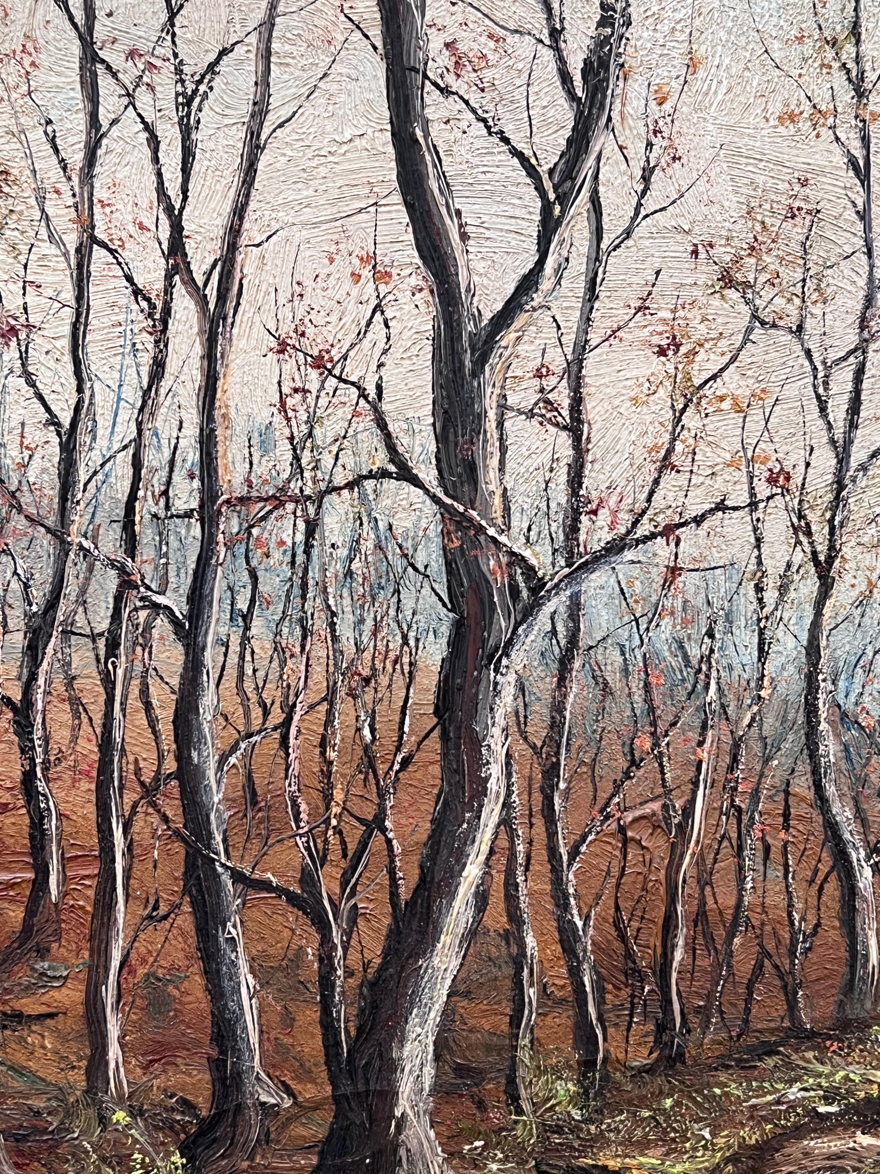 Bois d'hiver
signé par Jean Fourie (1927-2015)
Artistics français, peignant dans la région de Champagne en France
peinture à l'huile sur toile non tendue, non encadrée
peinture : 21 x 15 pouces
état : légères marques de surface dues à un stockage