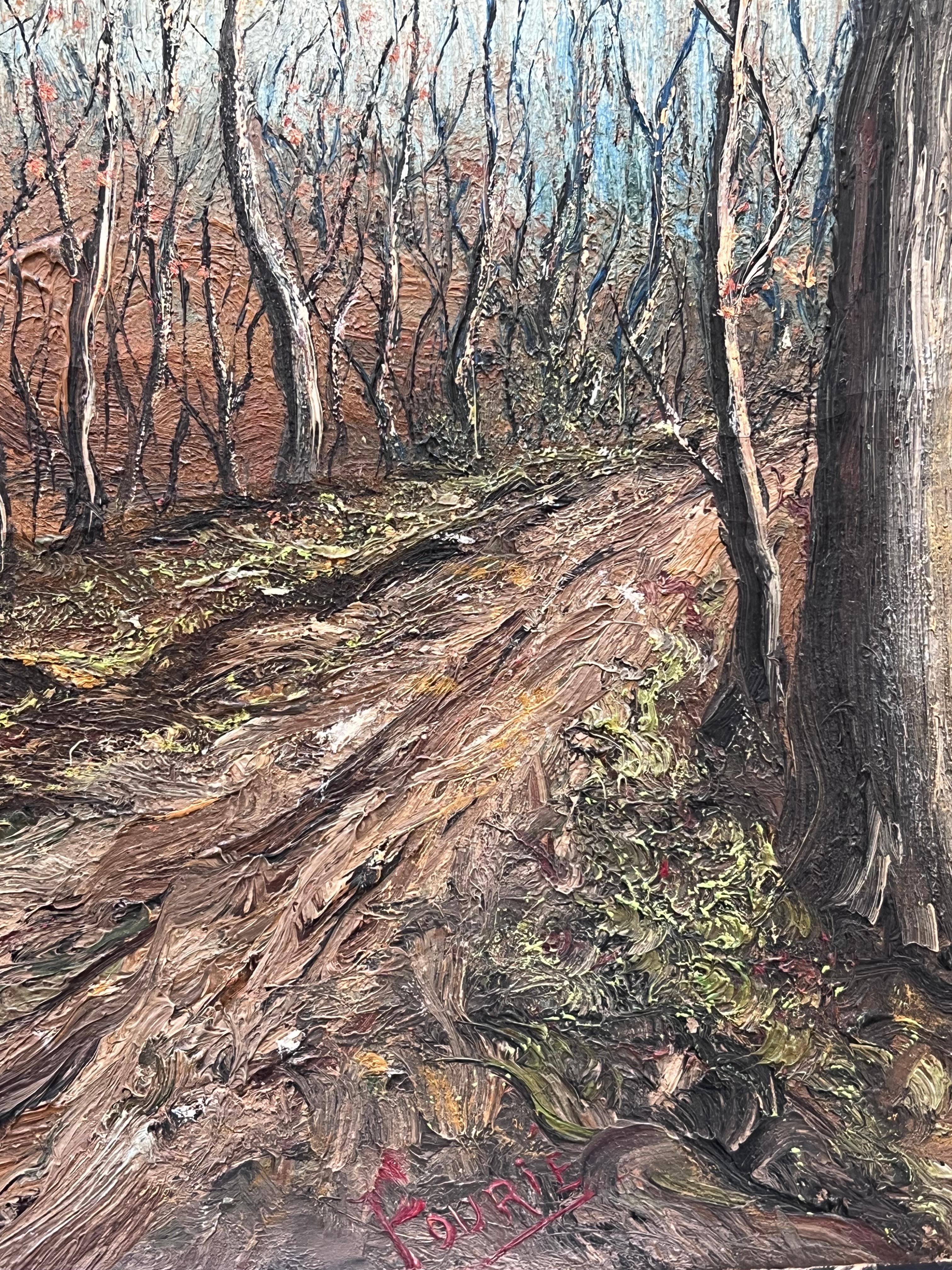Arbres nus en hiver dans la boue d'une piste forestière Peinture à l'huile de paysage en vente 1