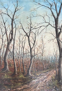 Kahle Winterbäume im schlammigen Waldweg Öl-Landschaftsgemälde