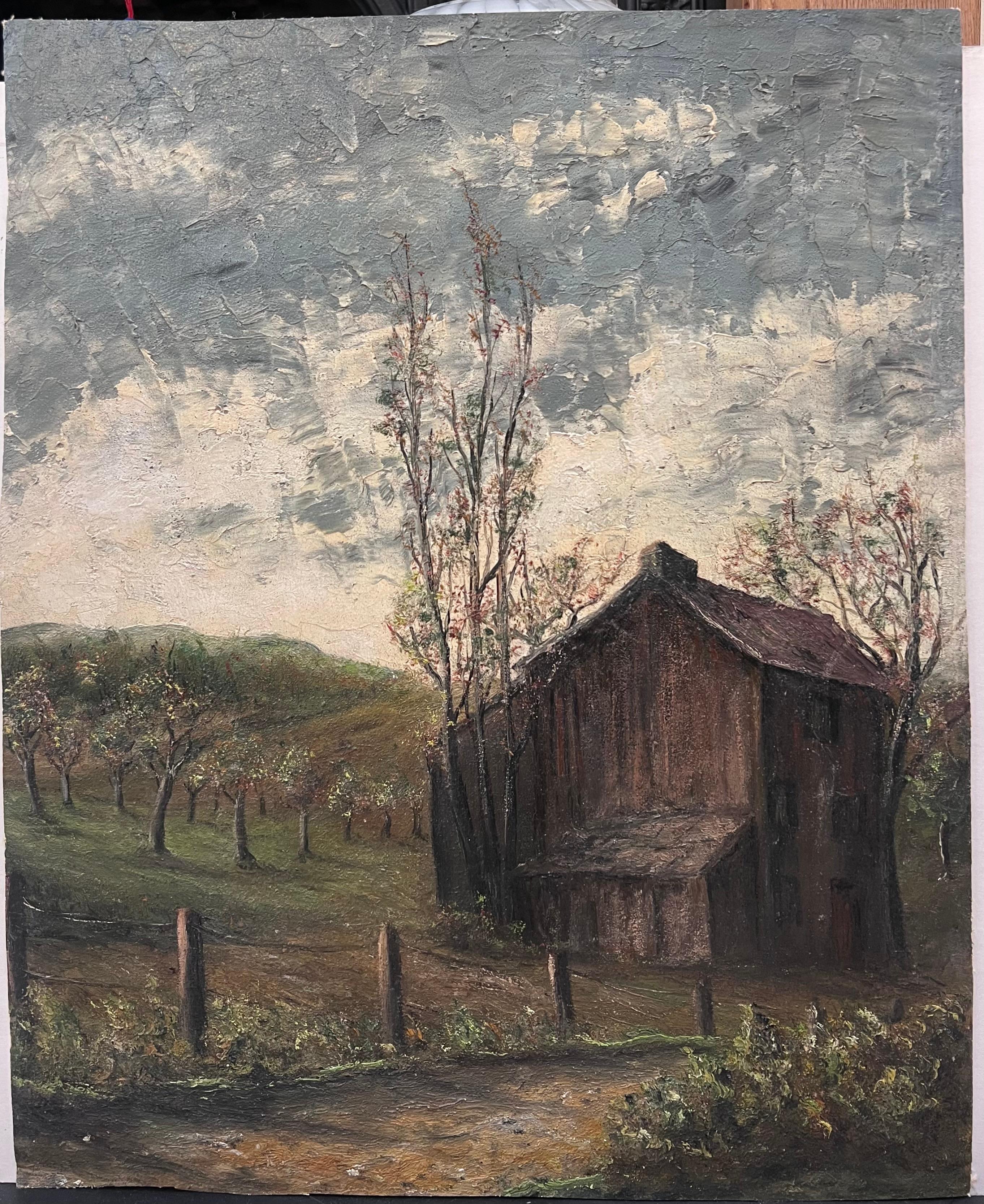 Braune Holzhütte im Olivenhain Feld Landschaft Ölgemälde – Painting von Jean Fourie