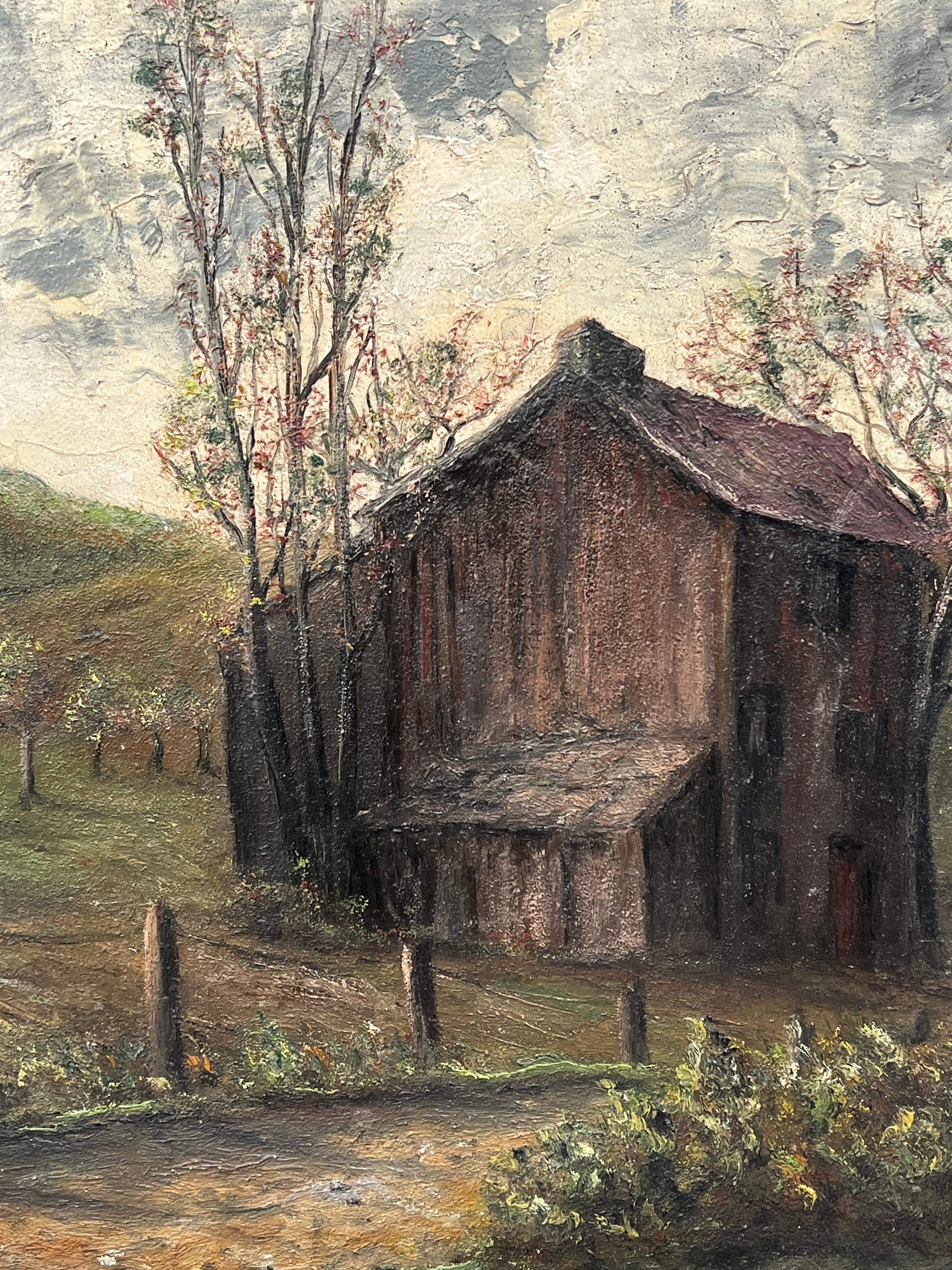 Braune Holzhütte im Olivenhain Feld Landschaft Ölgemälde (Französische Schule), Painting, von Jean Fourie