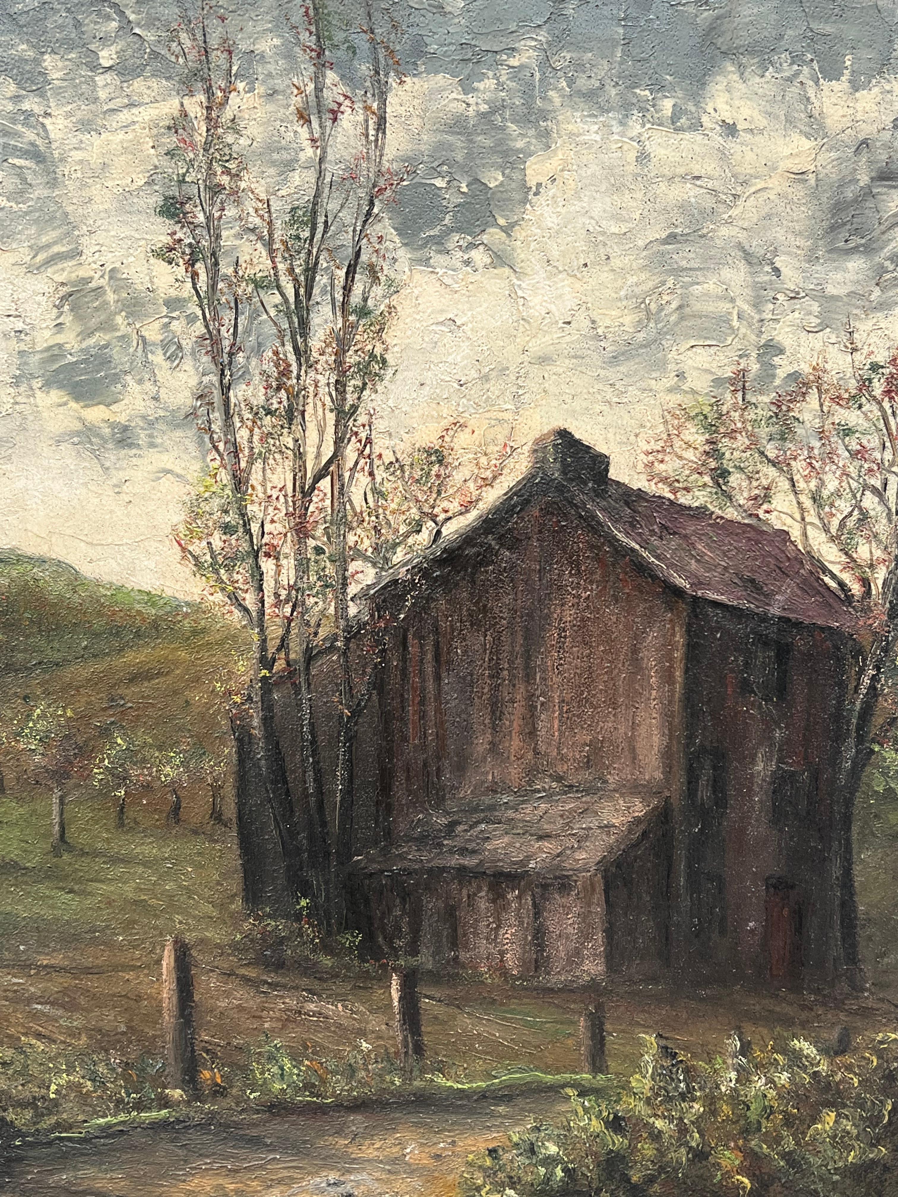 Braune Holzhütte im Olivenhain Feld Landschaft Ölgemälde (Grau), Landscape Painting, von Jean Fourie