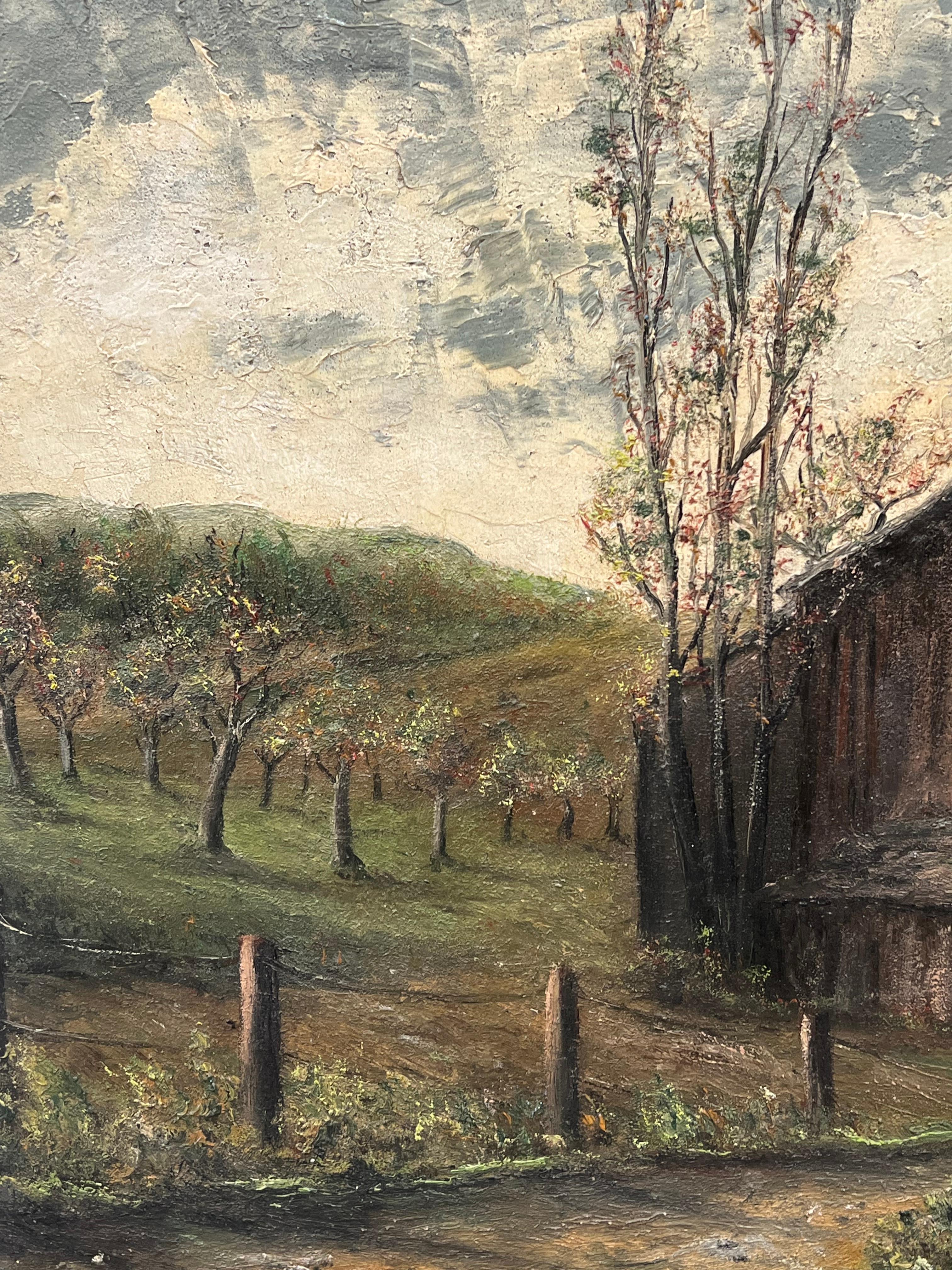 Holzchalet
von Jean Fourie (1927-2015)
Französischer Künstler, der in der Champagne malt
Ölgemälde auf ungespannter Leinwand, ungerahmt
Gemälde: 19 x 15 Zoll
Zustand: kleinere Oberflächenabdrücke durch frühere Lagerung, ansonsten ist das Gemälde in