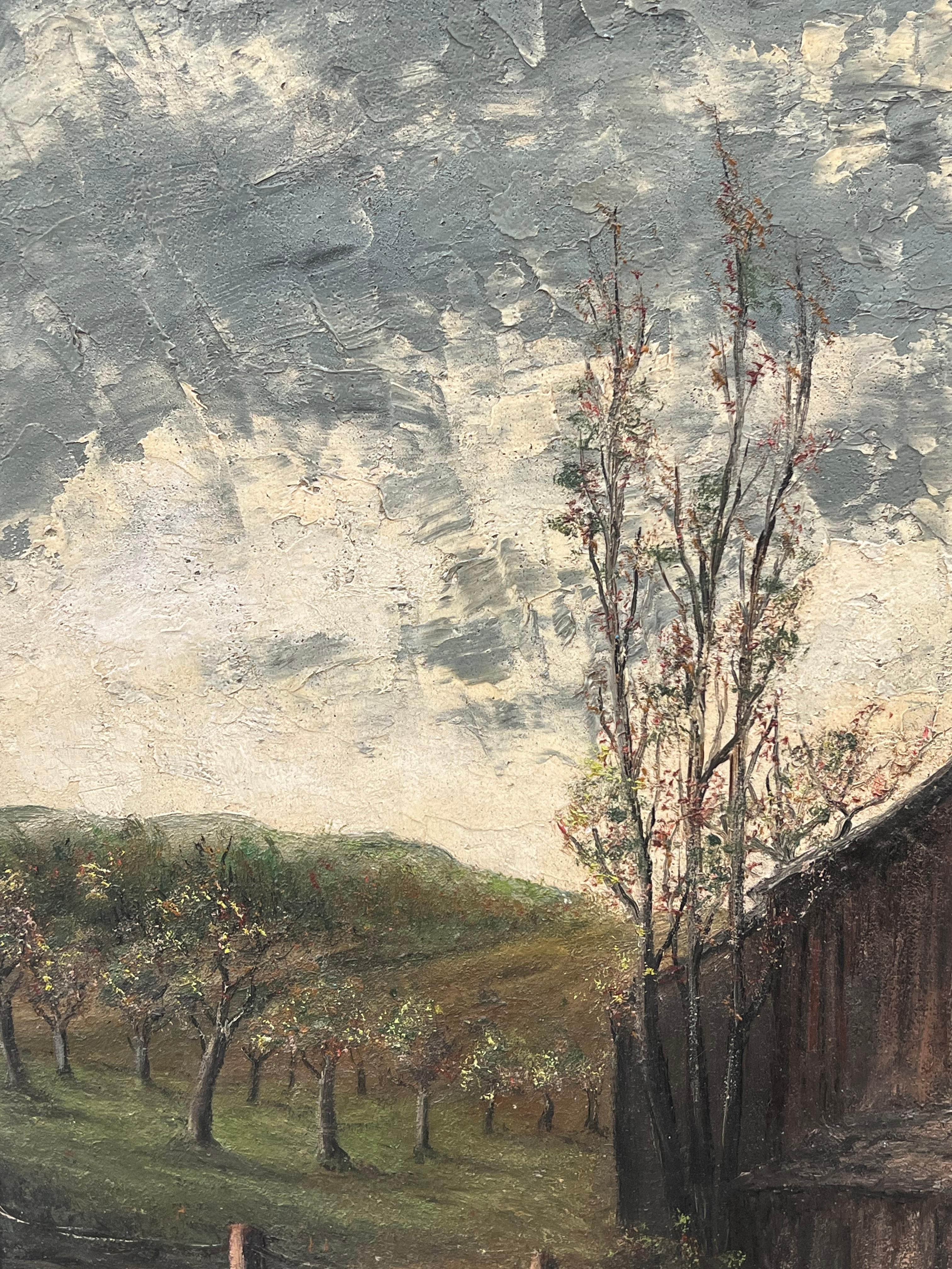Braune Holzhütte im Olivenhain Feld Landschaft Ölgemälde im Angebot 1