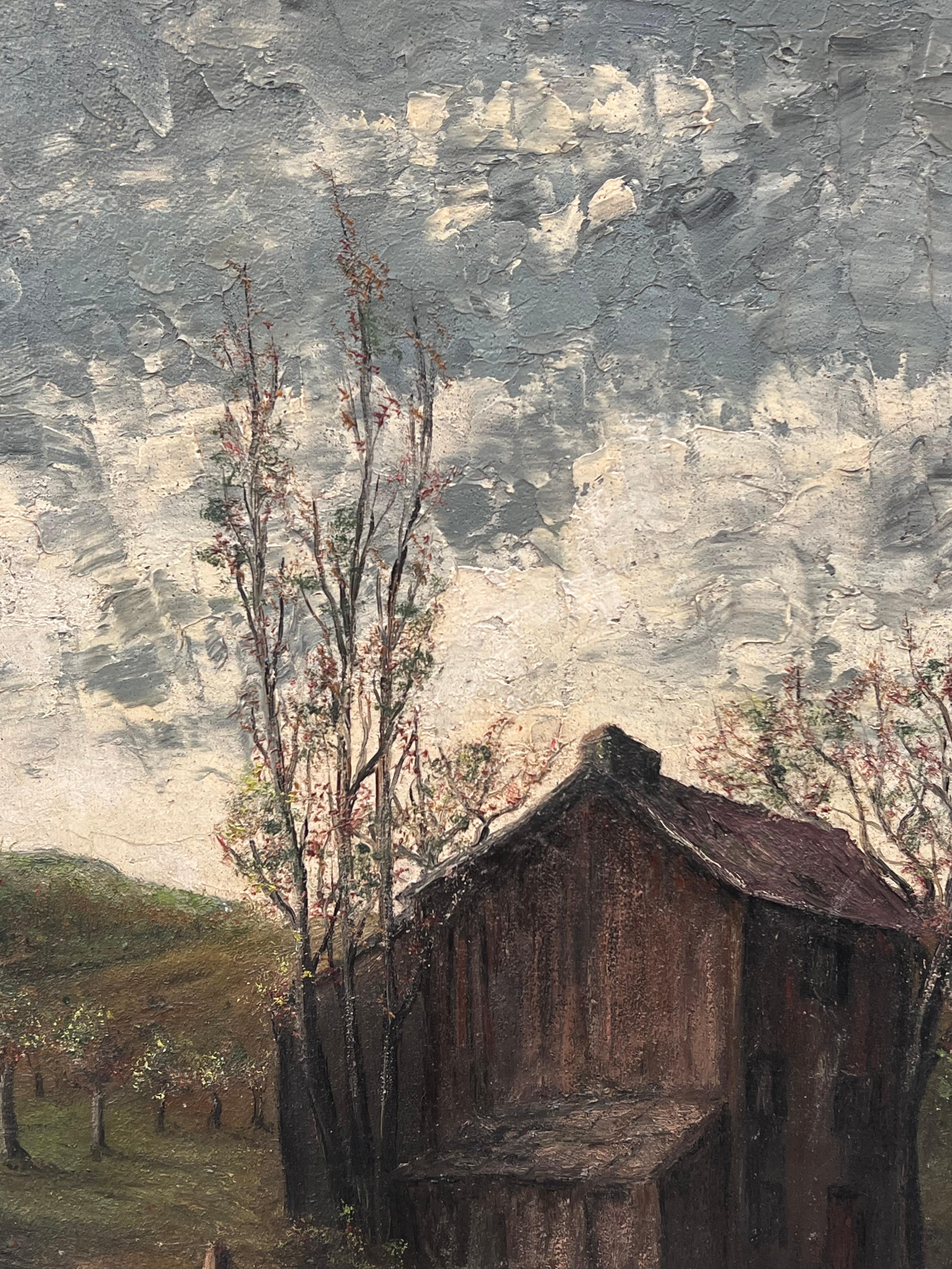 Braune Holzhütte im Olivenhain Feld Landschaft Ölgemälde im Angebot 2