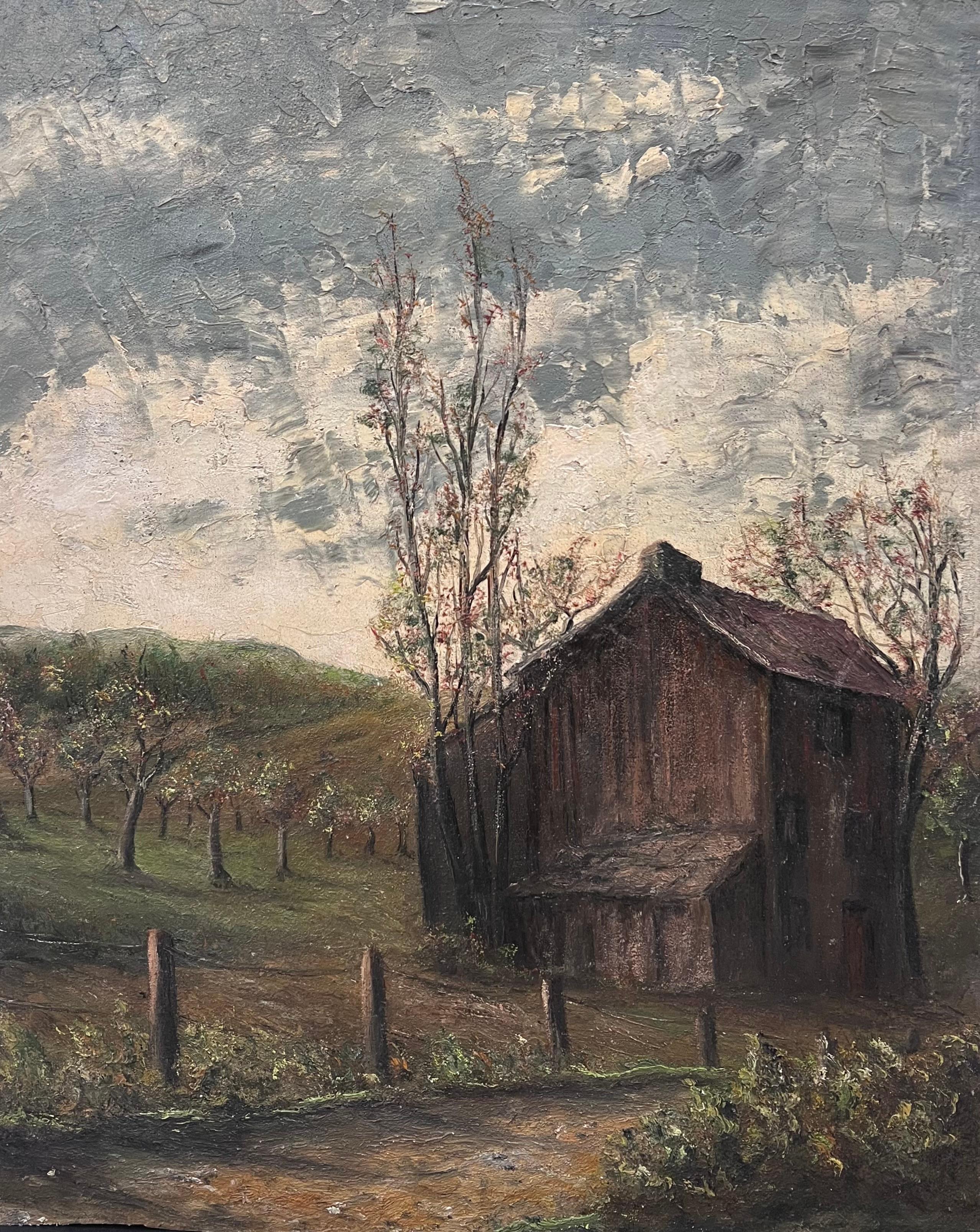 Braune Holzhütte im Olivenhain Feld Landschaft Ölgemälde