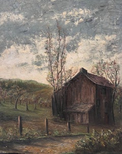 Braune Holzhütte im Olivenhain Feld Landschaft Ölgemälde
