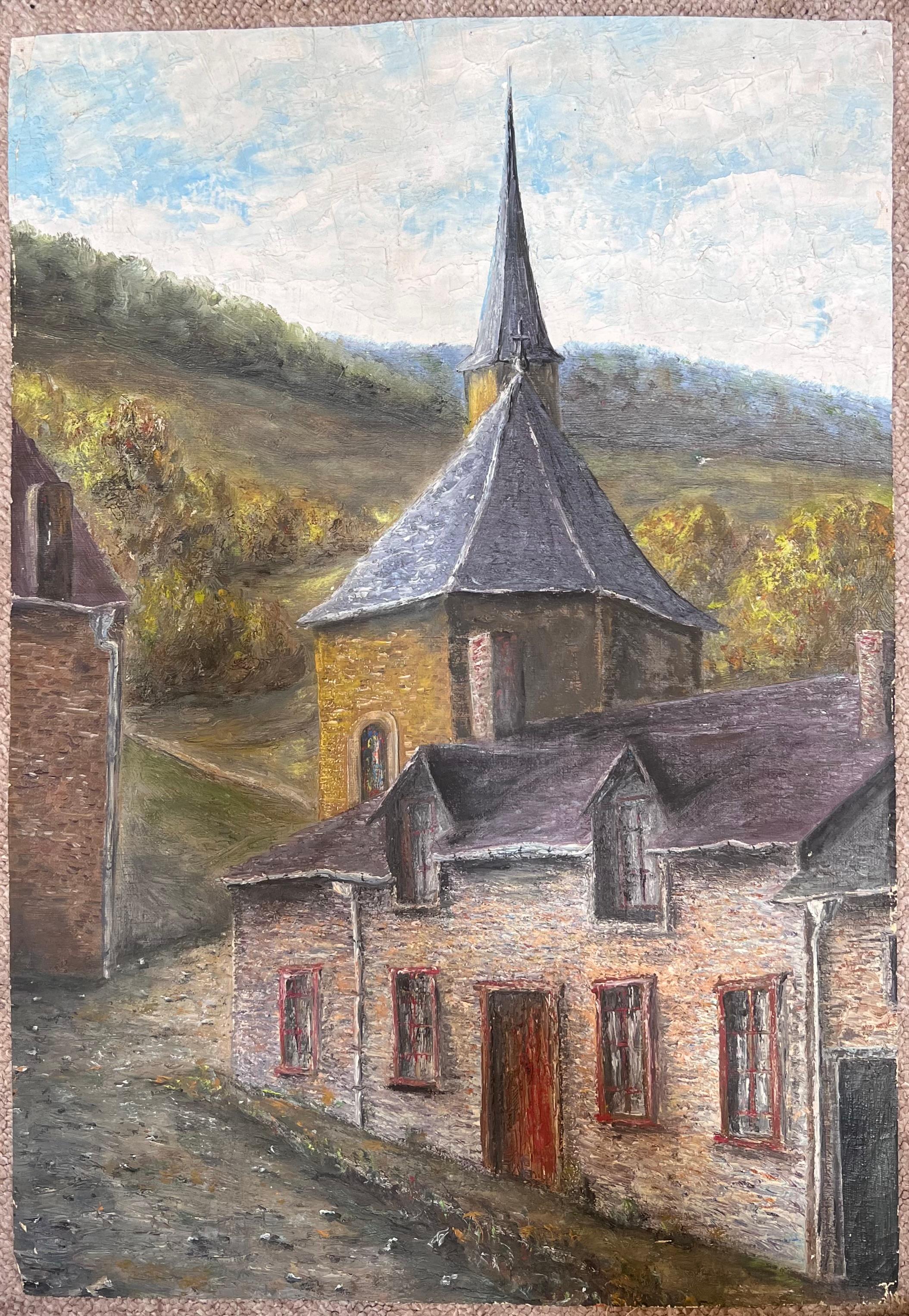 Church's and Village Vicarage Cottage In Green Fields Öl-Landschaftsgemälde – Painting von Jean Fourie