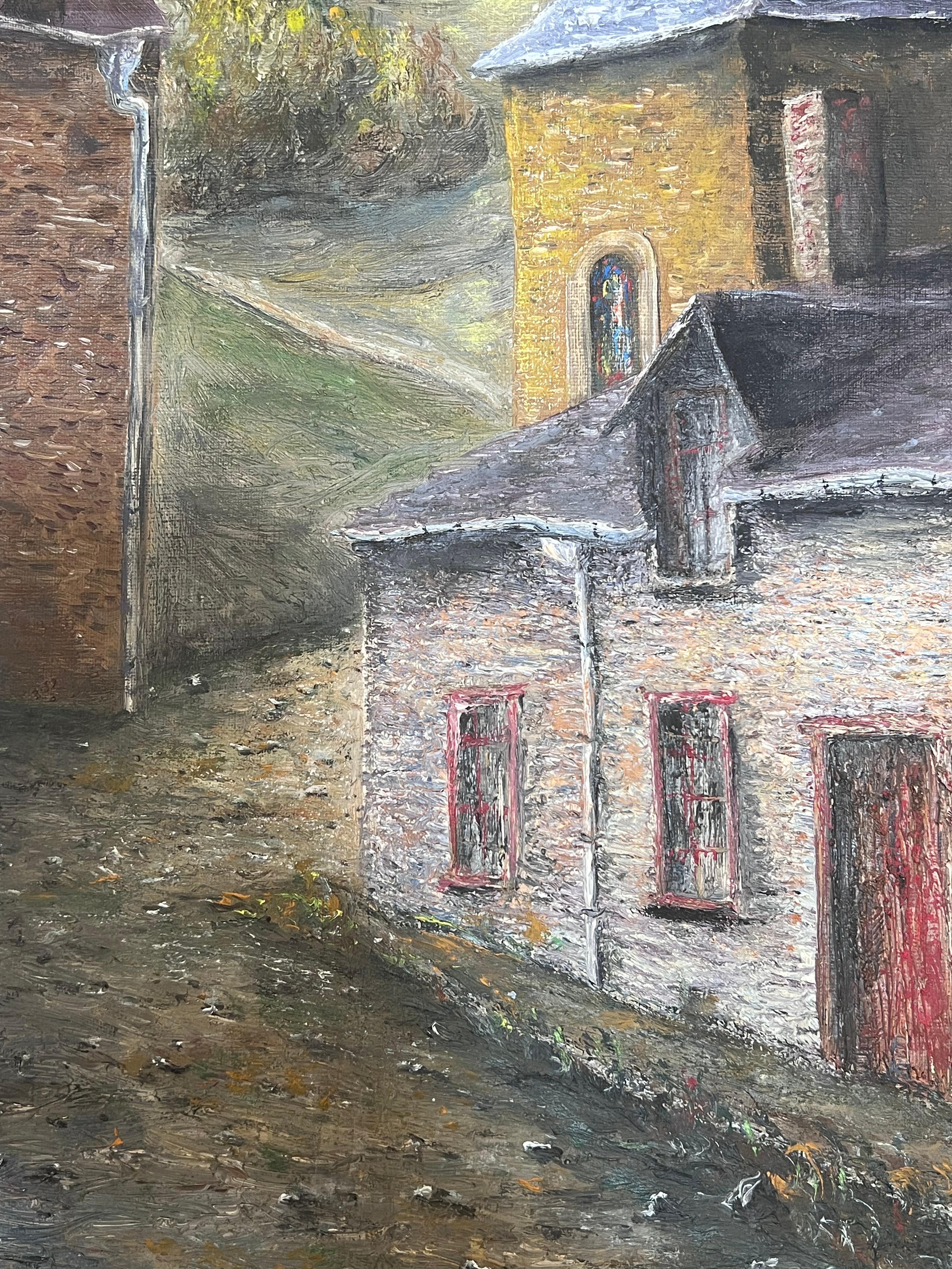 Das Dorfpfarramt  
von Jean Fourie (1927-2015)
Französischer Künstler, der in der Champagne malt
Ölgemälde auf ungespannter Leinwand, ungerahmt
Gemälde: 21,5 x 15 Zoll
Zustand: kleinere Oberflächenabdrücke durch frühere Lagerung, ansonsten ist das