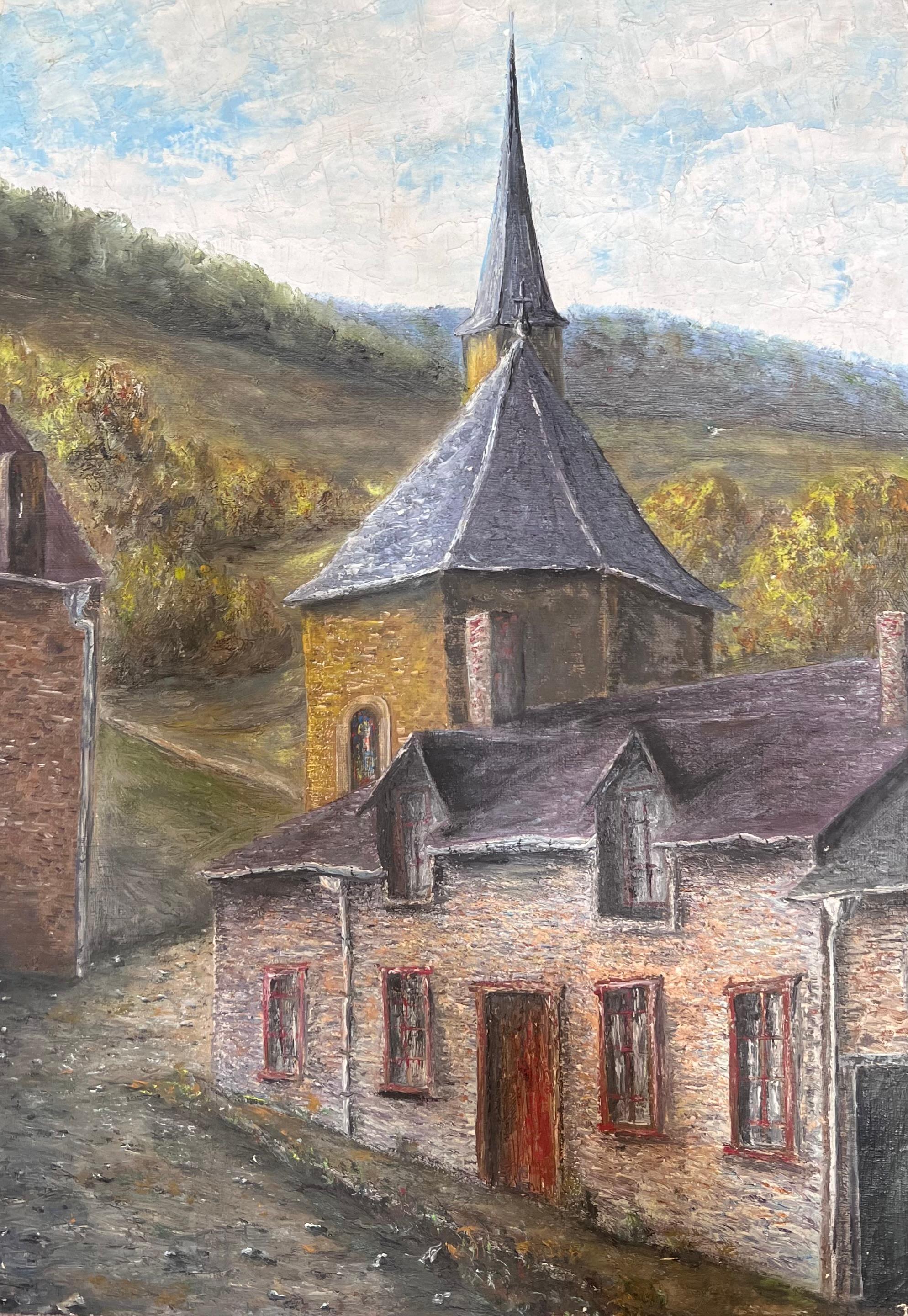 Church's and Village Vicarage Cottage In Green Fields Öl-Landschaftsgemälde